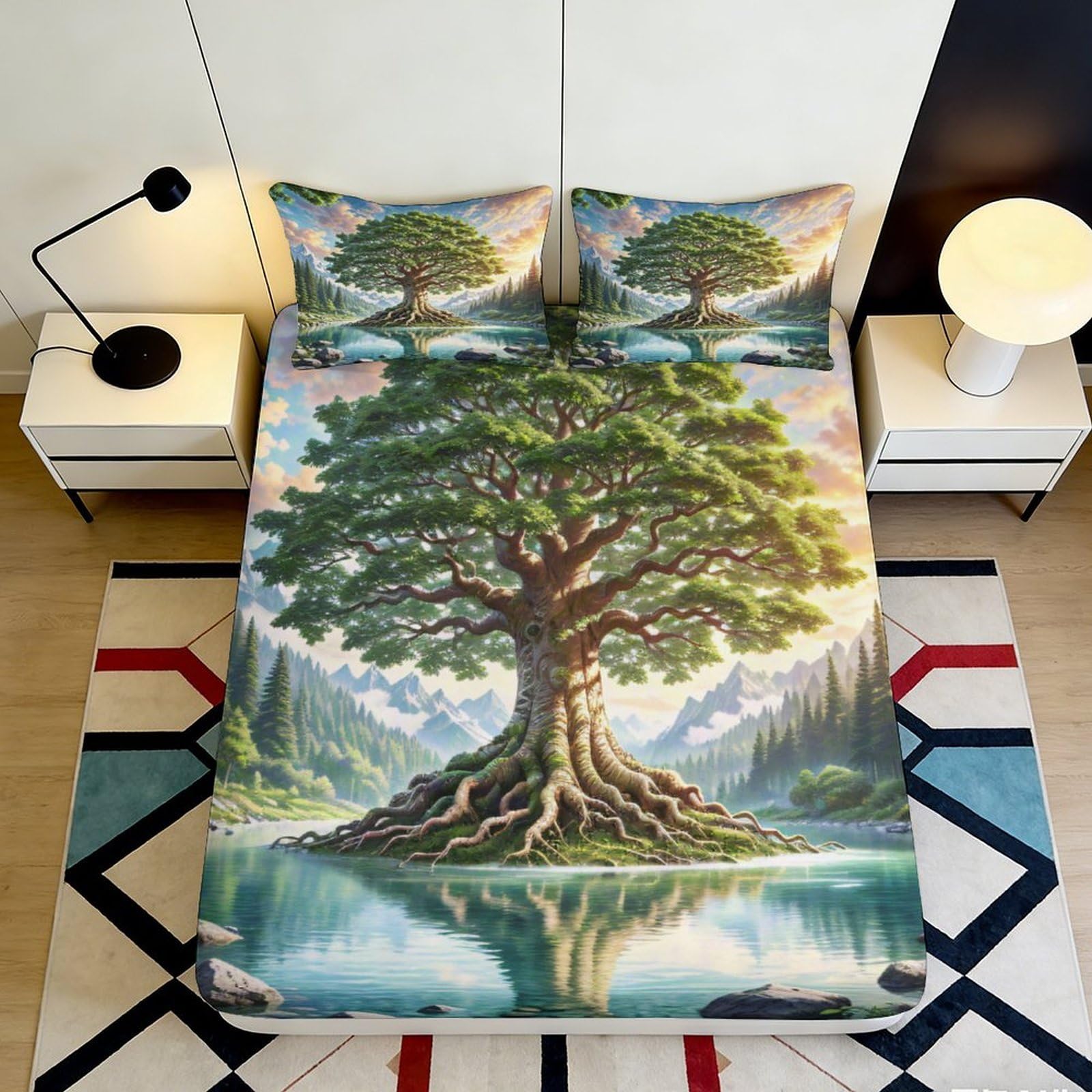 3D Printed Majestic Tree Fitted Sheet Microfiber Soft Durable Nature Landscape Mattress Cover for Bedroom Dormitory Guest Room Easy Care 90x200x25cm