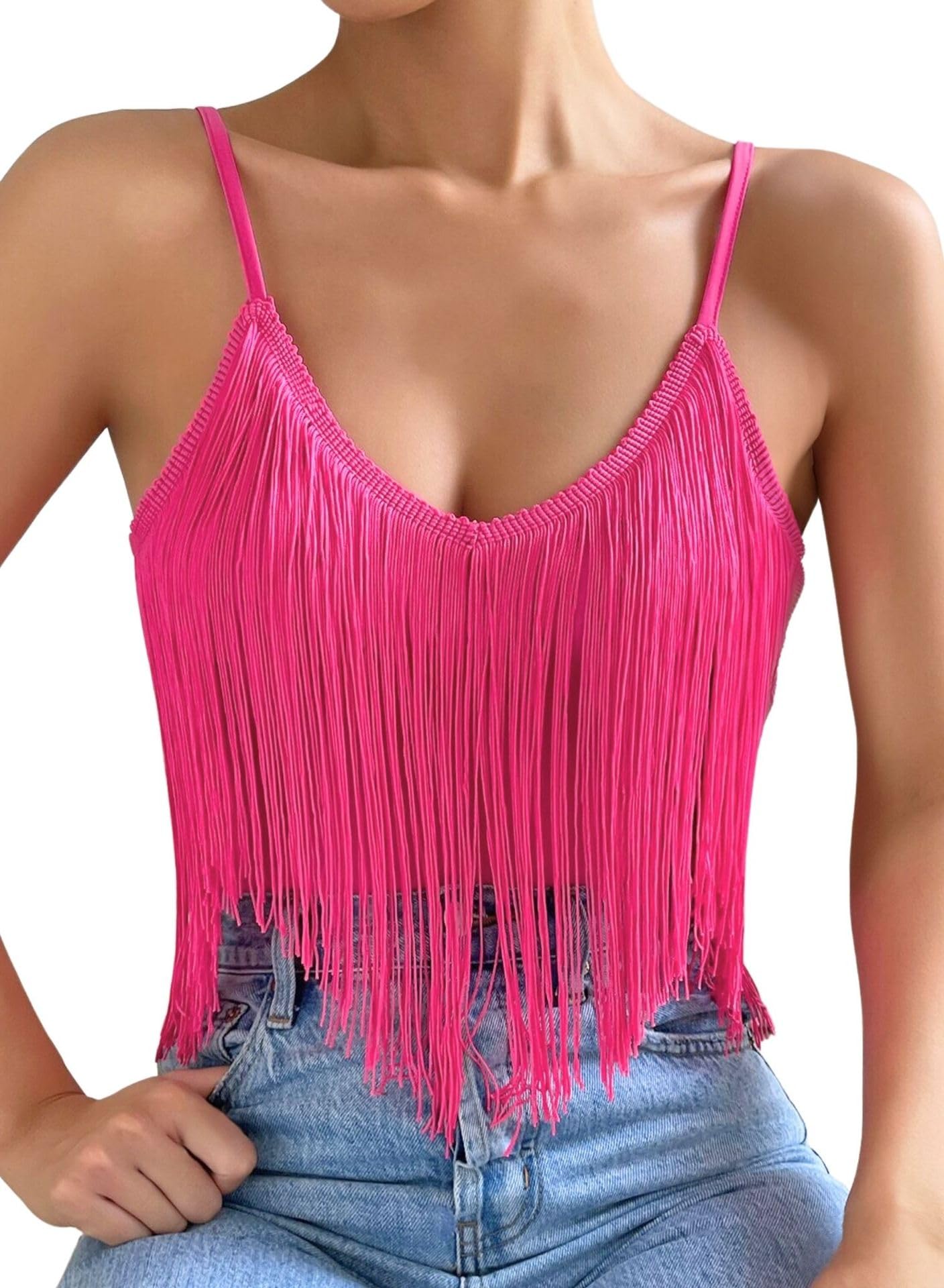 Damen Tank Top Mit Fransen – Sexy Rave Cowgirl Outfit Festival Oberteile | Ärmellose, V Ausschnitt, Verstellbare Spaghetti, Elegant Boho Country Kleidung, Sommer Klamotten Shirt, Western Hemd Damen