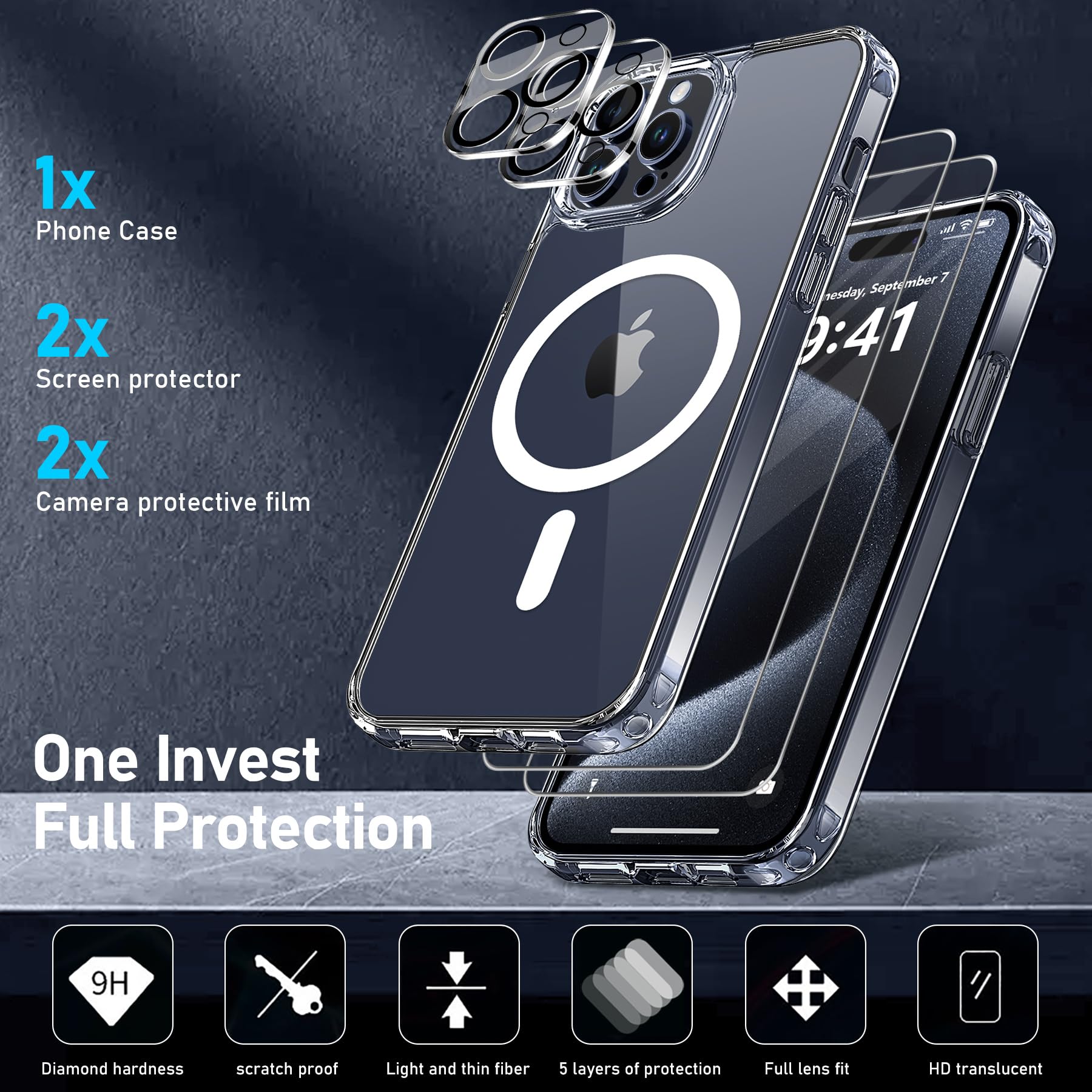 Coque Magnétique IPhone 13 5 En 1 Avec 2 Verres Trempés + 2 Protecteurs Caméra - Compatible MagSafe - Transparent
