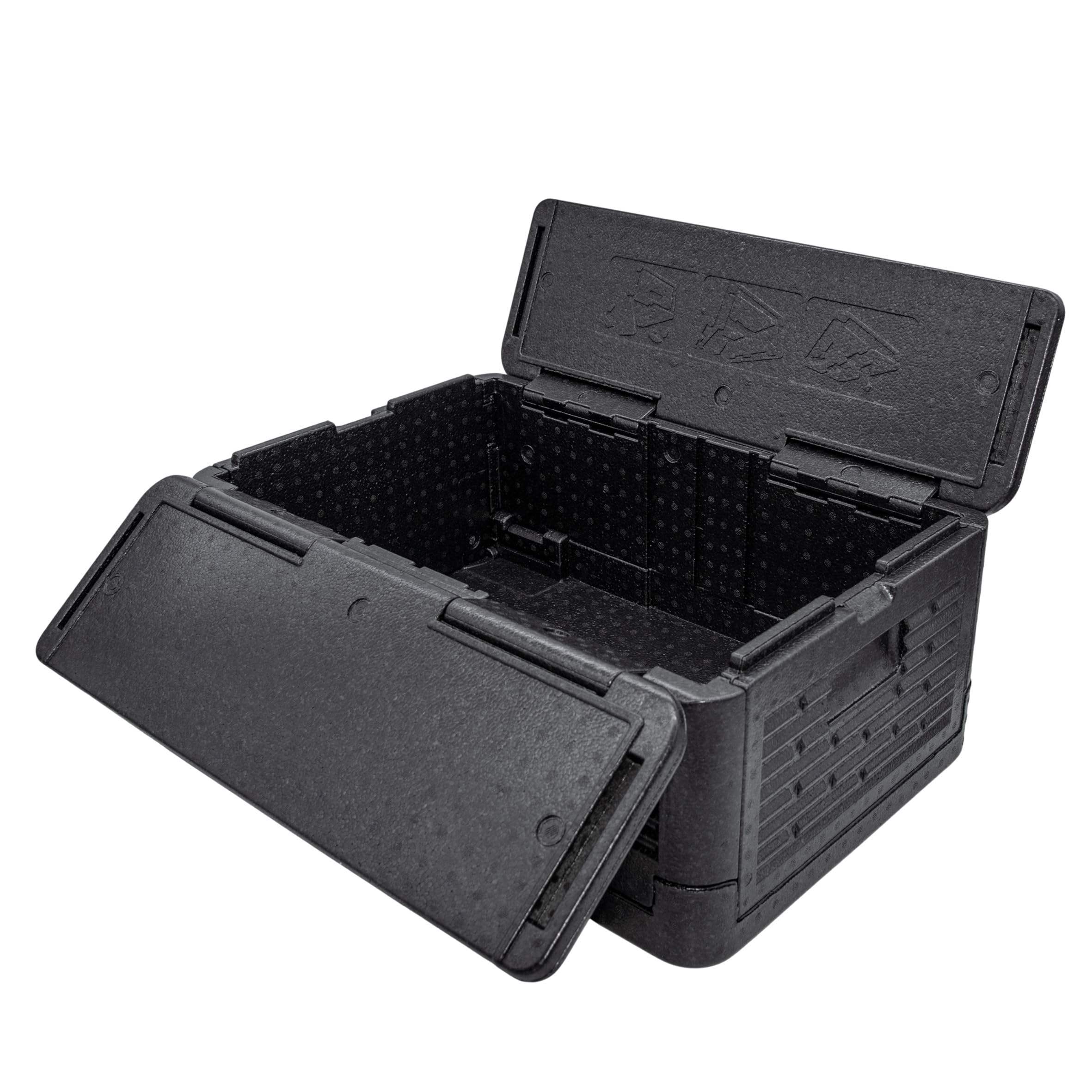 Thermobox groß faltbar schwarz zum Warmhalten und Kühlen - 42 L - Essen Warmhaltebox klappbar 60 x 41 cm - Styropor Klappbox Kühlbox Isolierbox für Speisen Getränke mit isolierendem Deckel