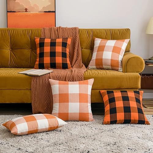 Miniatura 6 de MIULEE Paquete de 2 fundas de almohada decorativas de otoño clásicas retro a cuadros, para exteriores, sofá, dormitorio, 18 x 18 pulgadas, naranja