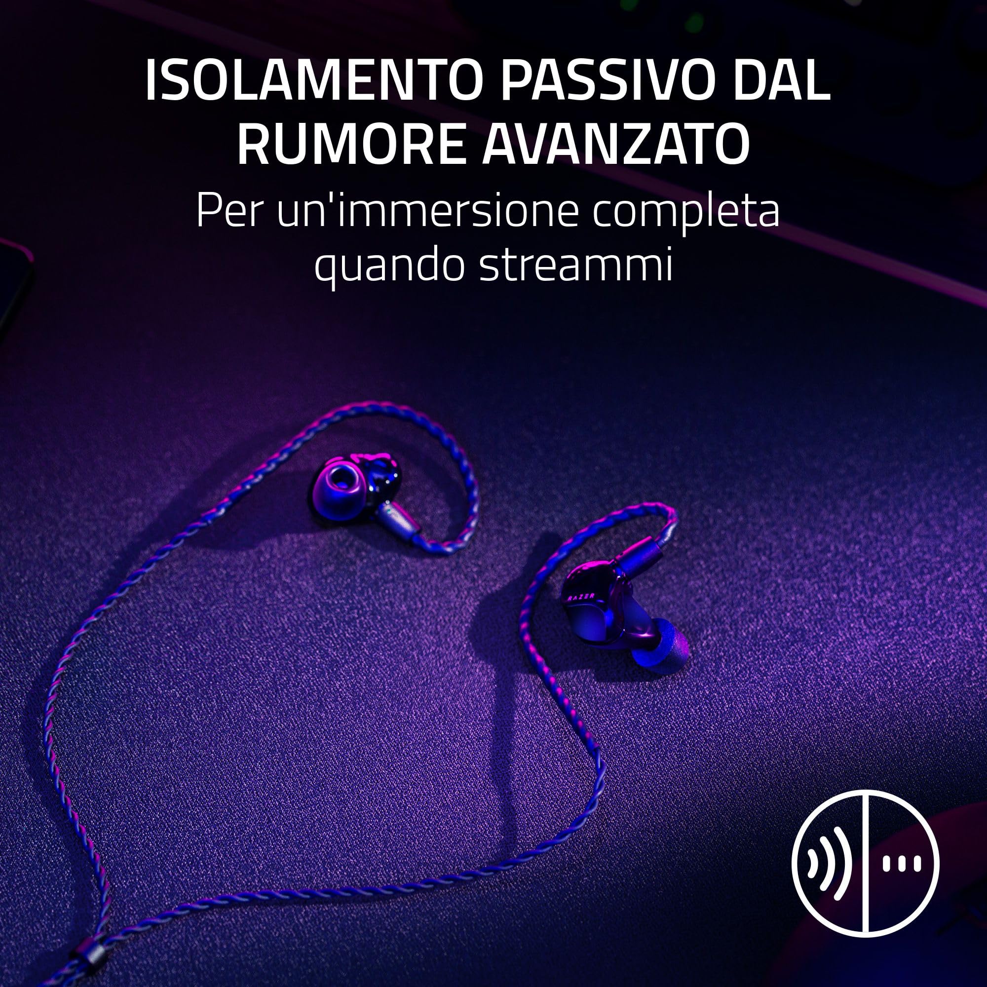 Razer Moray - In-ear monitor ergonomico per streammare tutto il giorno (Design acustico ibrido a doppio driver, Forma ergonomica a basso profilo, Isolamento passivo dal rumore avanzato) Negro