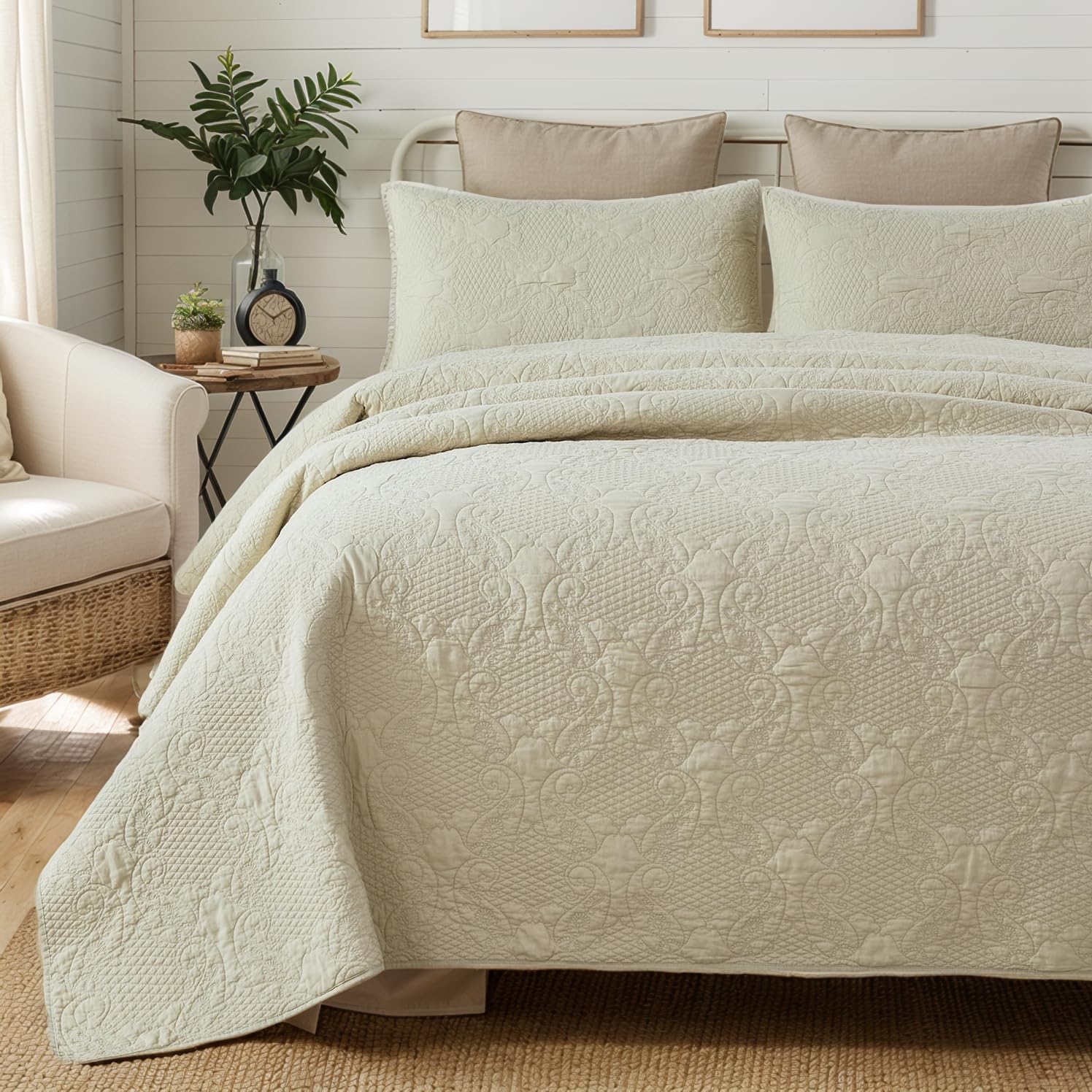 Brandream Beige Quilts Cotton King Size Quilt Bedding Set Farmhouse Quilts Paisley Matelasse Coverlet Set - Image 3