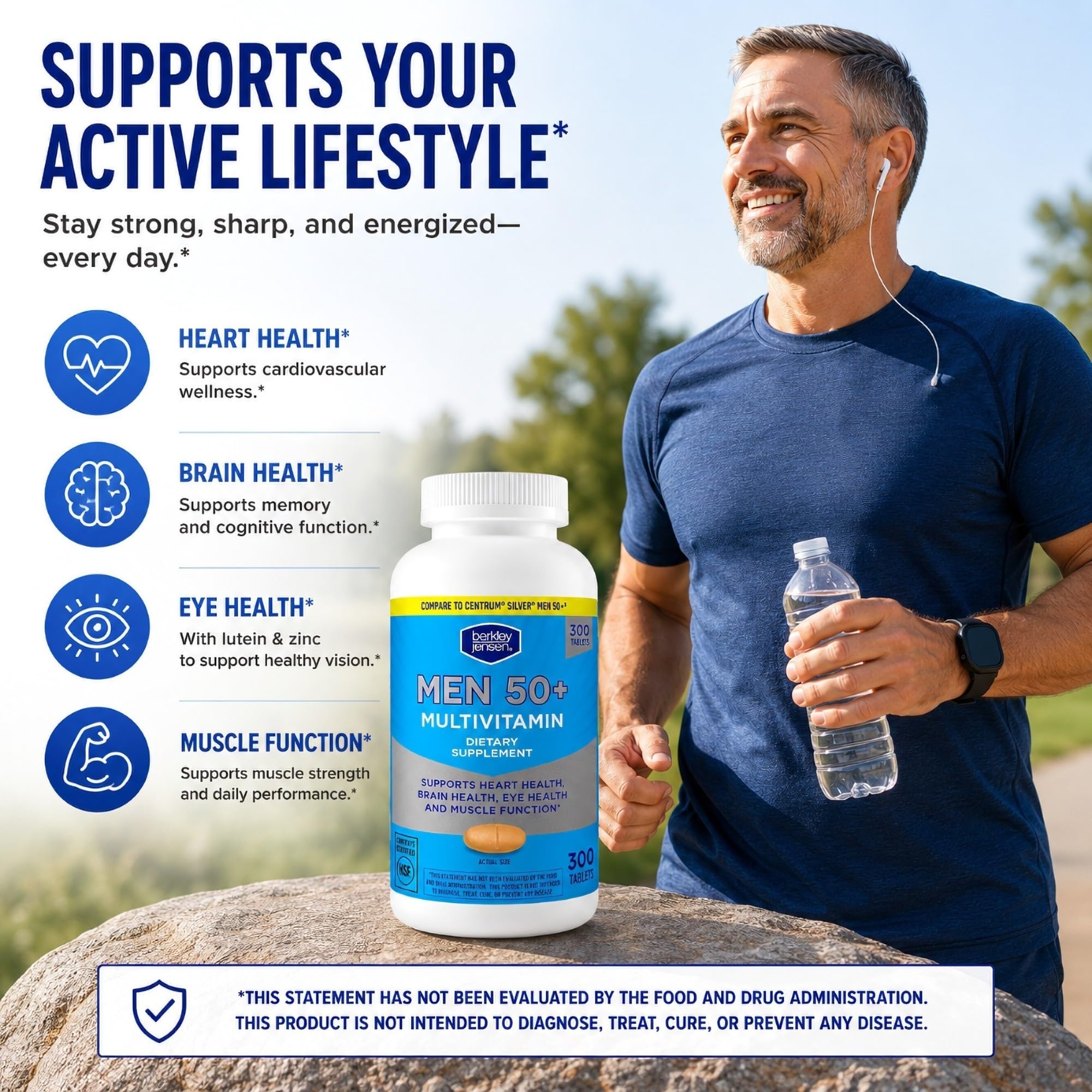 berkley jensen Men's Multivitamin for Men 50 Plus, Multimineral Supplement with Vitamin D3, C, Zinc, B Vitamins, Supports Memory and Cognition in Older Adults, NSF Certified, 300 Count, 300 Day Supply — Amazon image 4