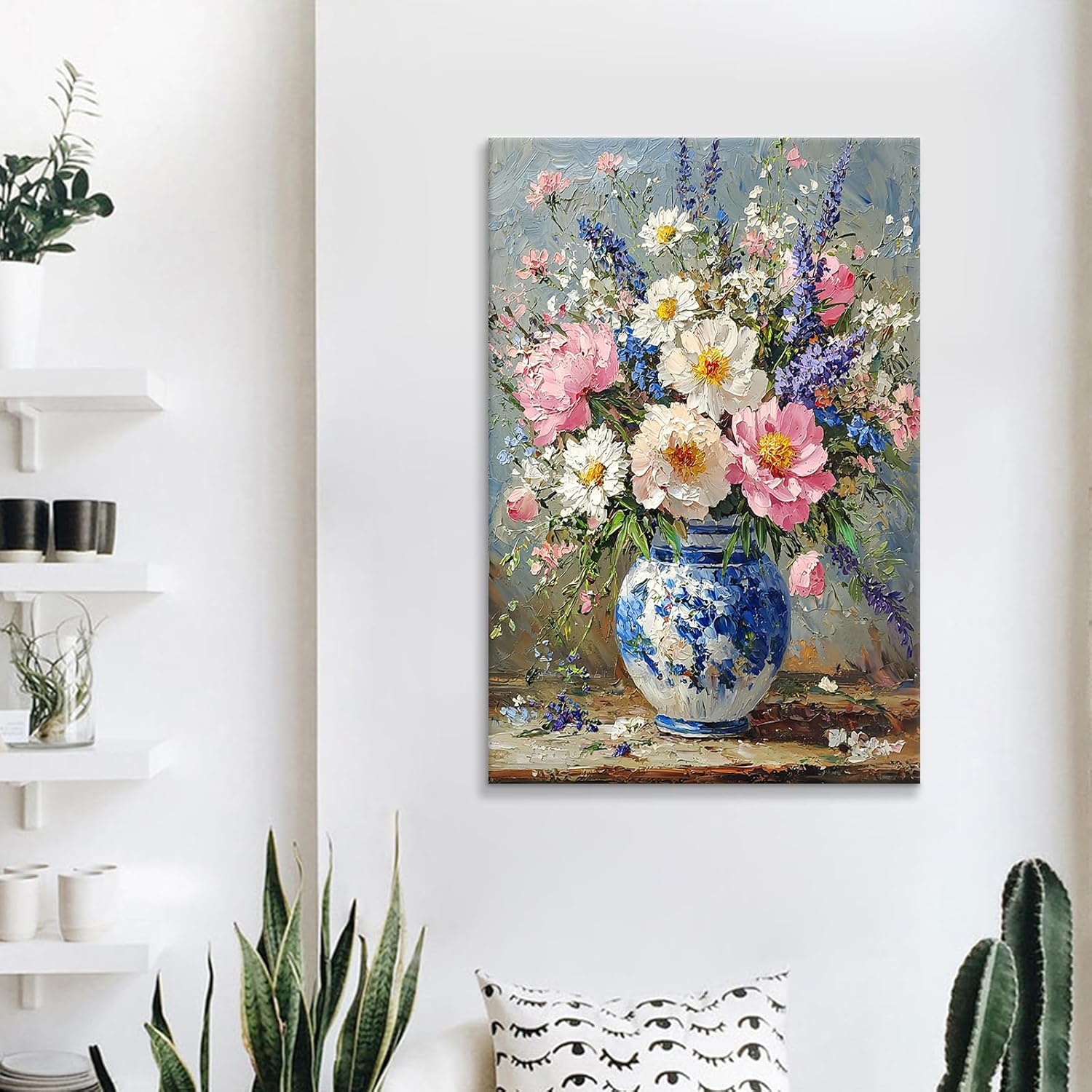 Floral Canvas Poster Print Wall Art Classical Colorful Wildflower Vintage Theme Picture Painting Wall Decor Artwork for Modern Home Living Room Farmhouse Hotel Stretched and Framed [24''Wx36''H]