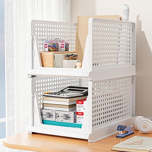 Miniatura 5 de Cesta de almacenamiento de plástico apilable para armario (4 unidades, color blanco, 4L)