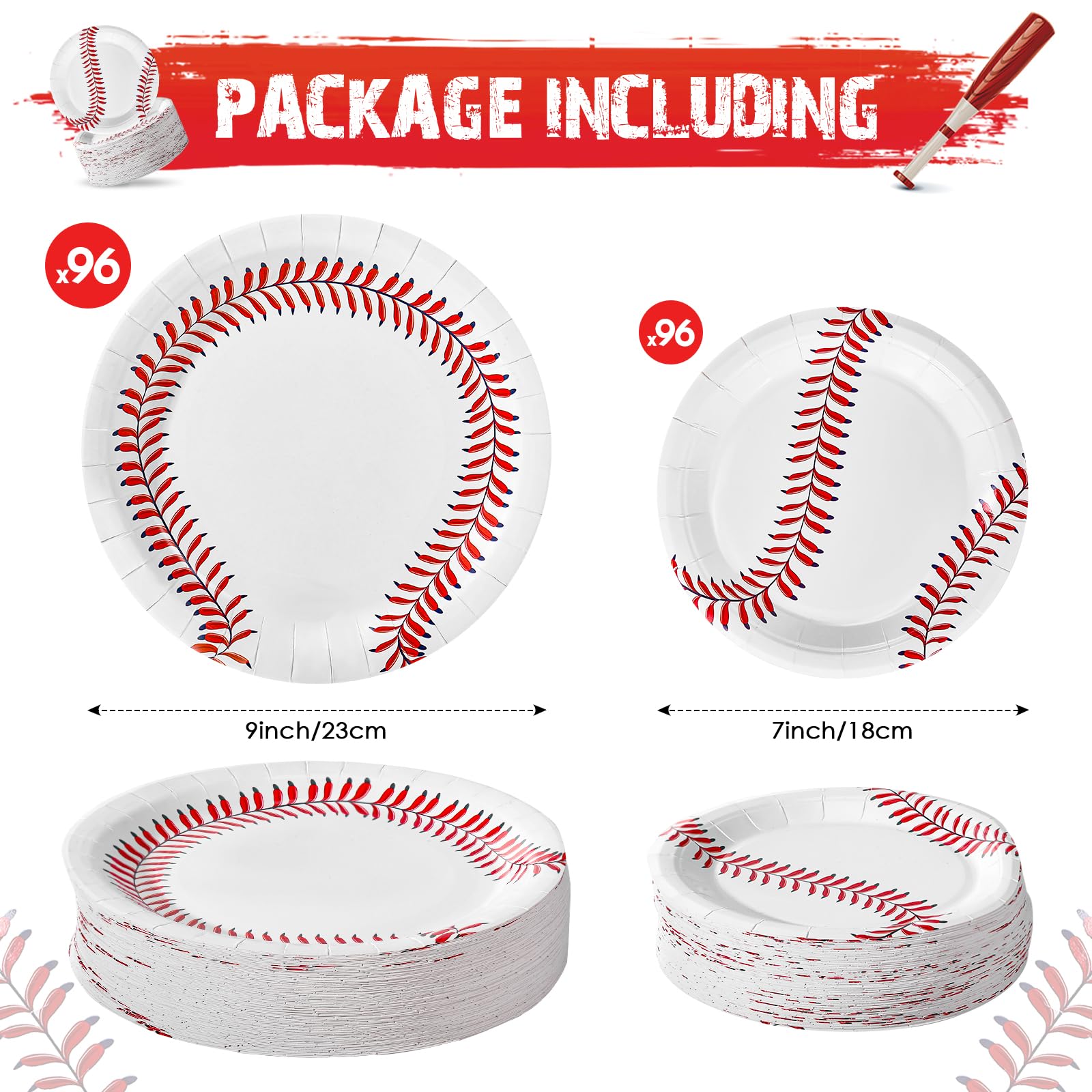 Dandat 192 Pcs Hawaiian Luau Baseball Party Decorations Supplies Football Softball Paper Plates Disposable Rainbow Dessert Plates Boho Dinnerware for Sports Birthday Party Favors (Baseball)