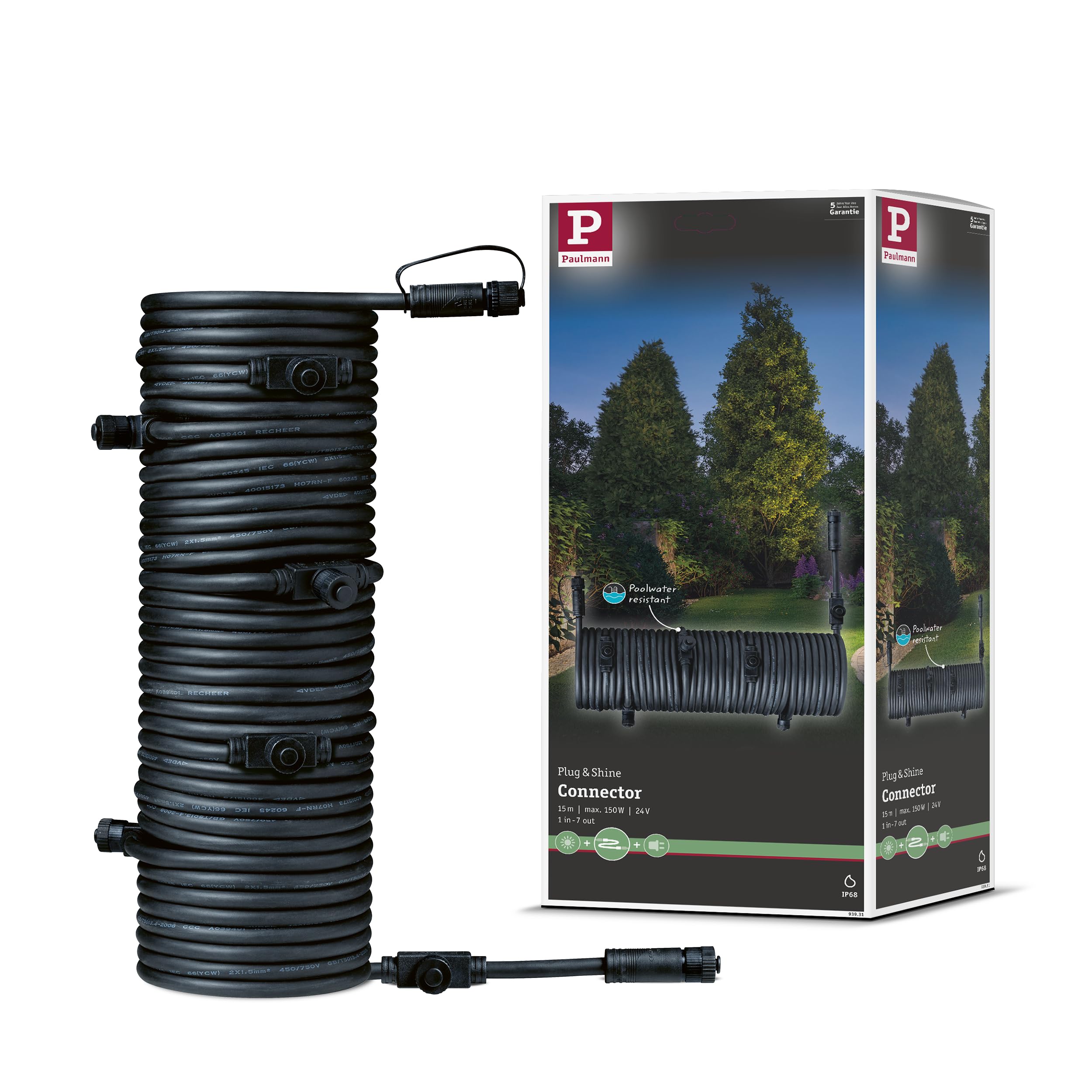 Paulmann 93931 Outdoor Plug&Shine Câble 15m 1 in-7 out, IP68, 2x1,5qmm H07RN-F, Noir