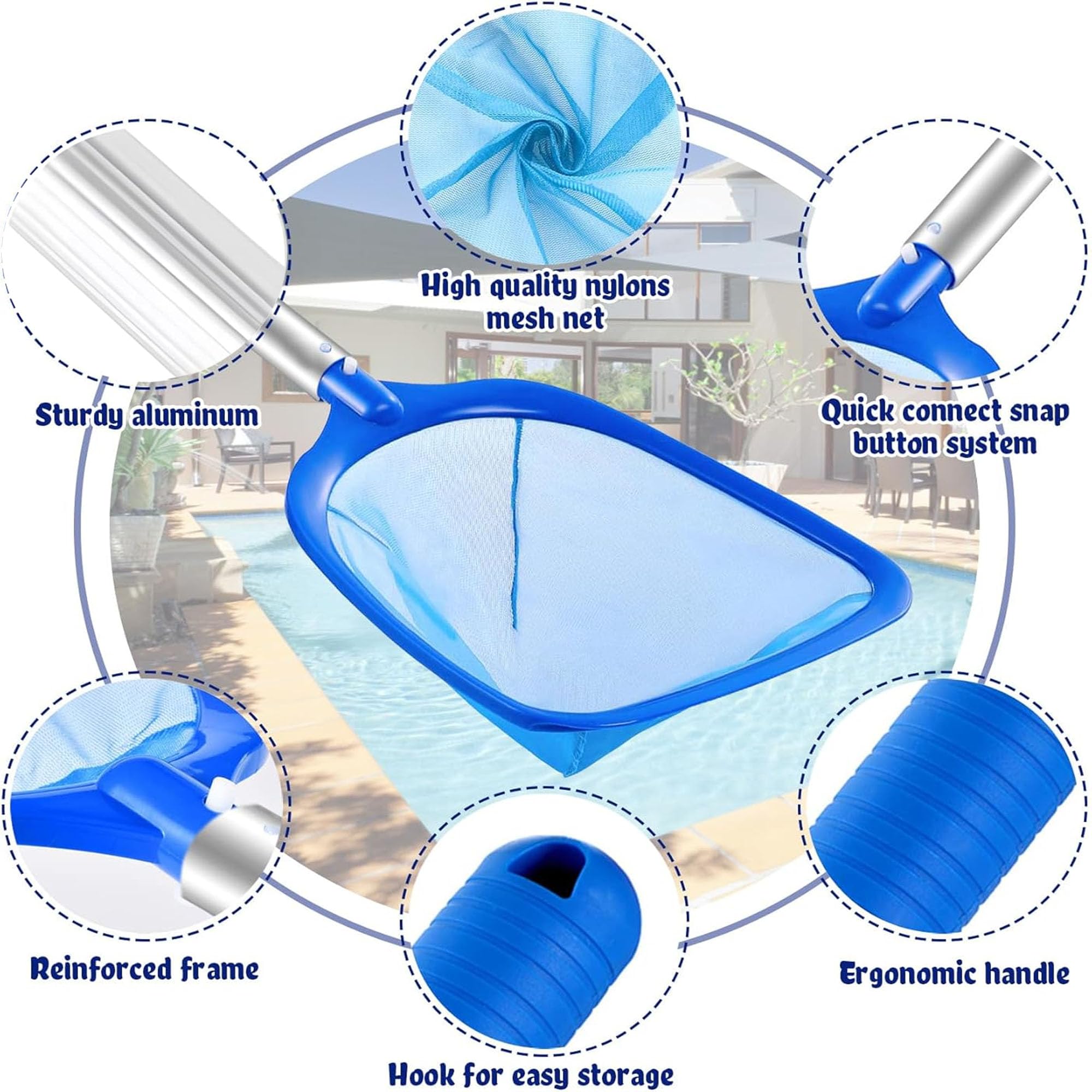 Épuisette de Piscine à Mailles Fines 172 cm de Long,Épuisettes de Surface pour Piscine,Kit Nettoyage avec Brosse de Piscine et Chiffon,pour Spas, Fontaine, Étang Nettoyage