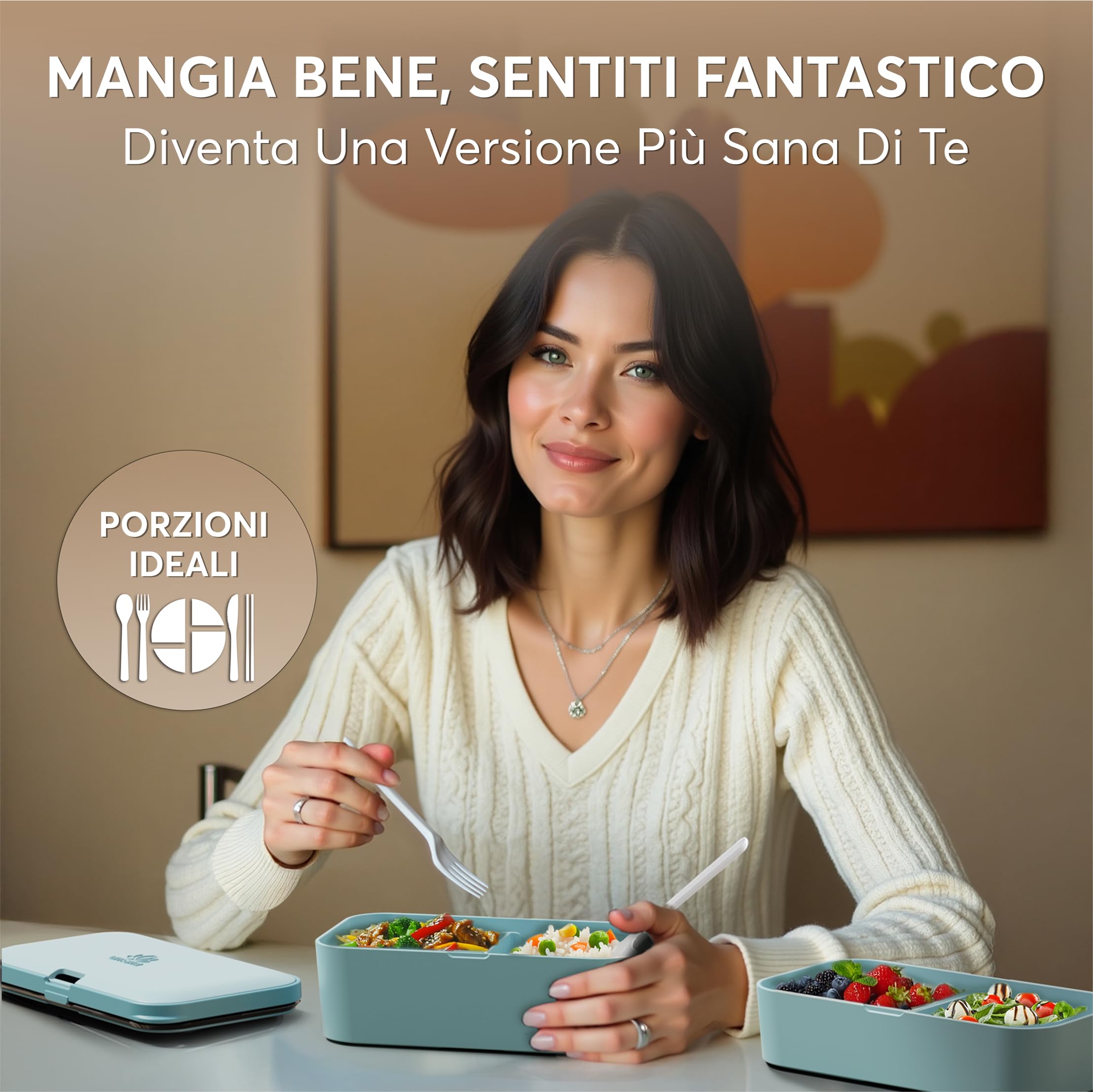 Umami Porta Pranzo Lunch Box Impilabile Con 4 Scomparti E Posate, Sicuro Per Microonde, Lavastoviglie, Portapranzo Ufficio, Bento Lunchbox Ermetico Per Adulti, Schiscetta Pranzo, Menta Blu,1500 ml