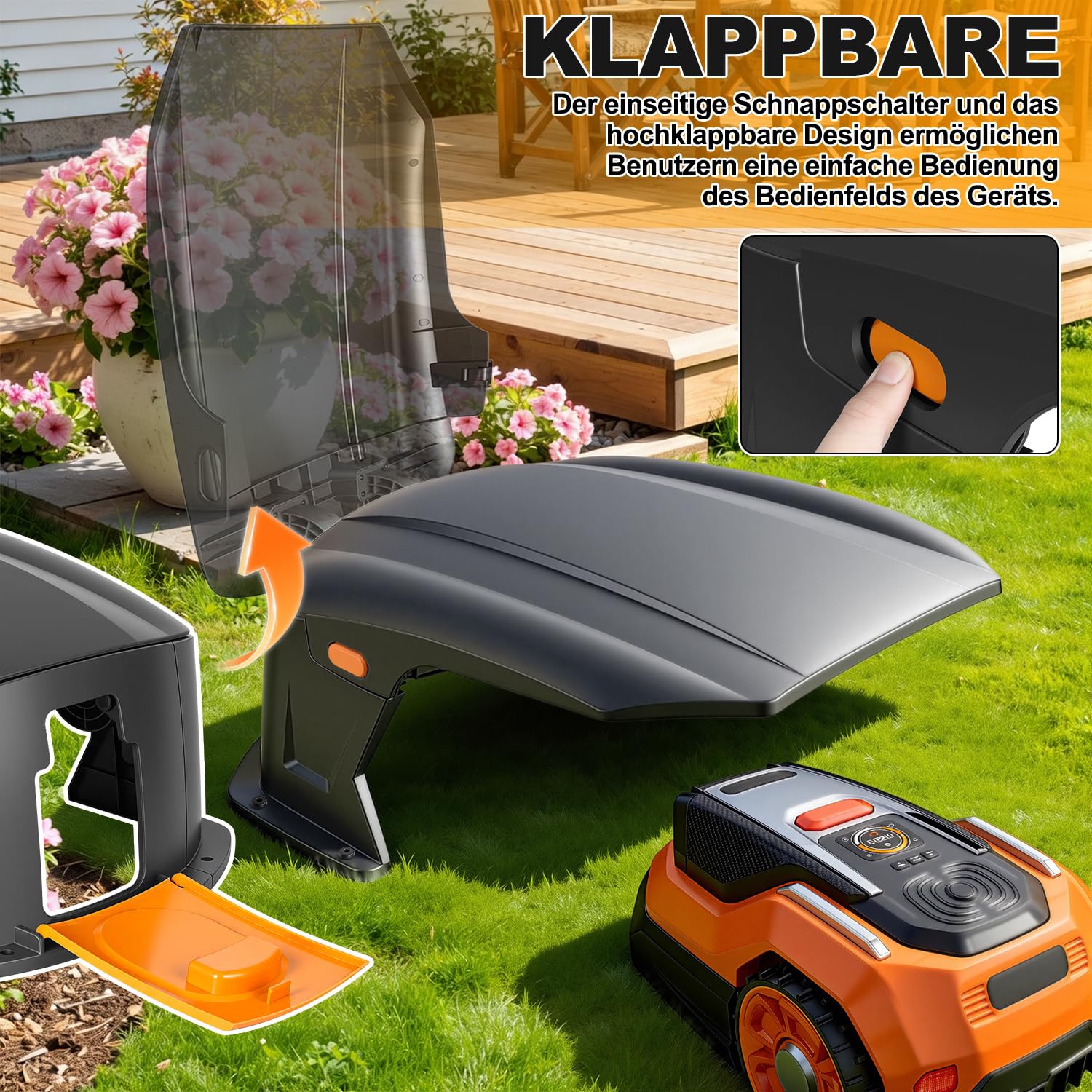Mähroboter Garage mit Klappdach, Garage für Mähroboter mit Serviceklappe,Rasenroboter Garage wetterfest,UV- & Regenschutz,Ohne Signalstörung,70.5x57x33cm