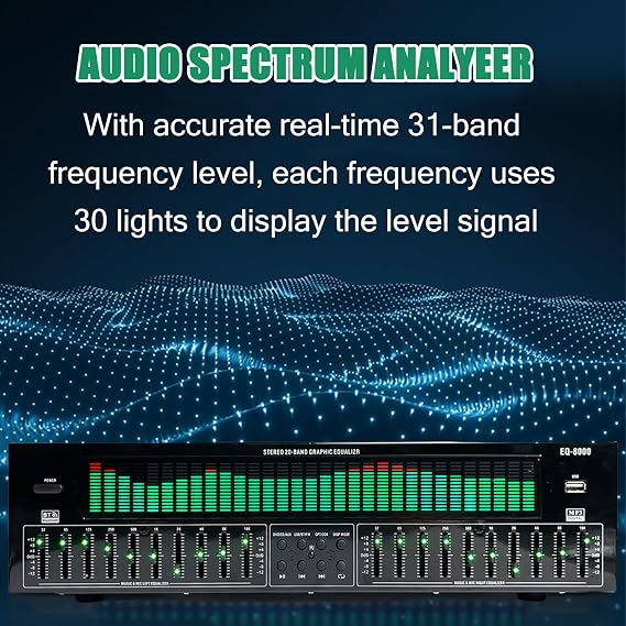Graphic Equalizer Hifi, 31-Band Digital Equalizer, 12 Rhythm Patterns, Double 10 -segment Independent Tuning, Upgrade Bluetooth 6.0, with Noise Reduction, for Recording Studio
