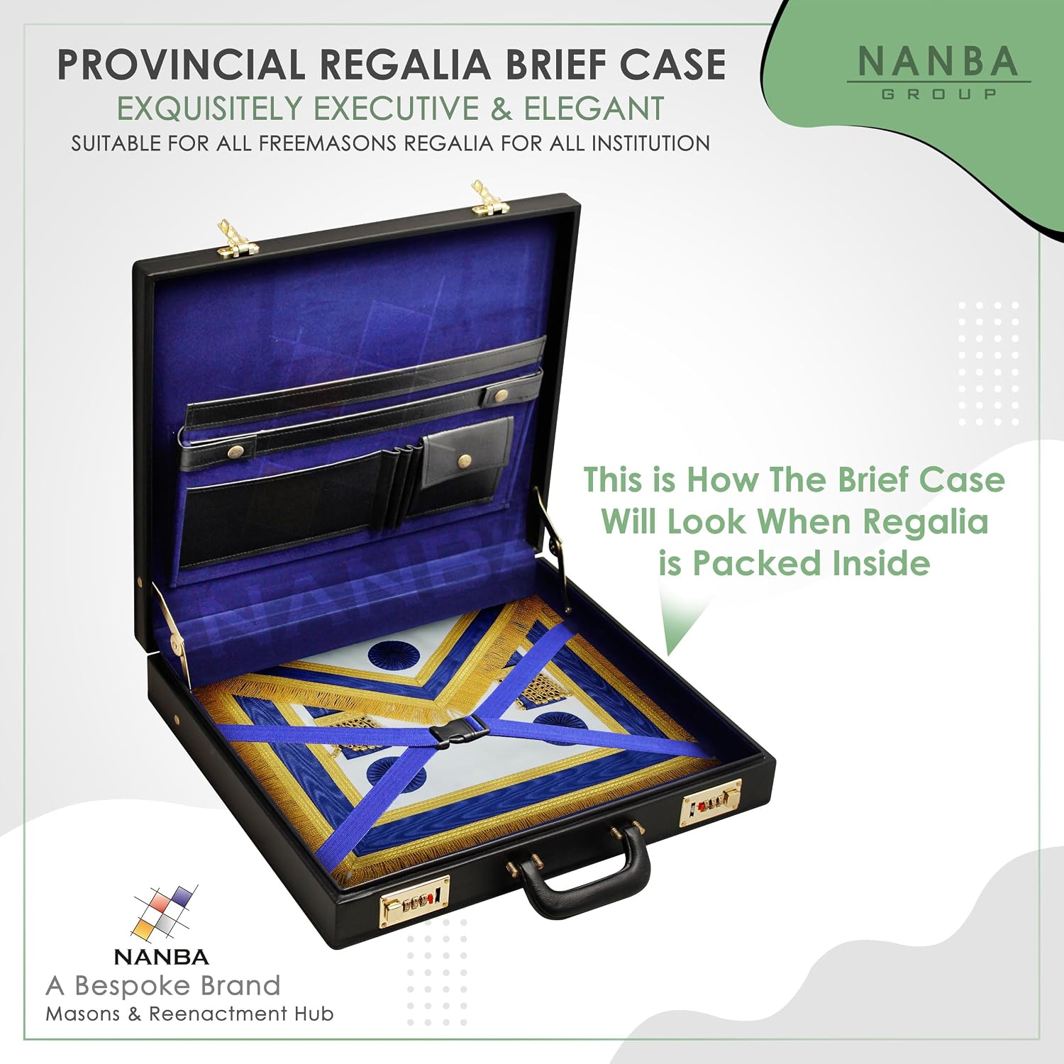 Masonic Regalia Provincial Apron Hard Briefcase – Black Imitation Leather with Square Compass G Emblem (Gold)