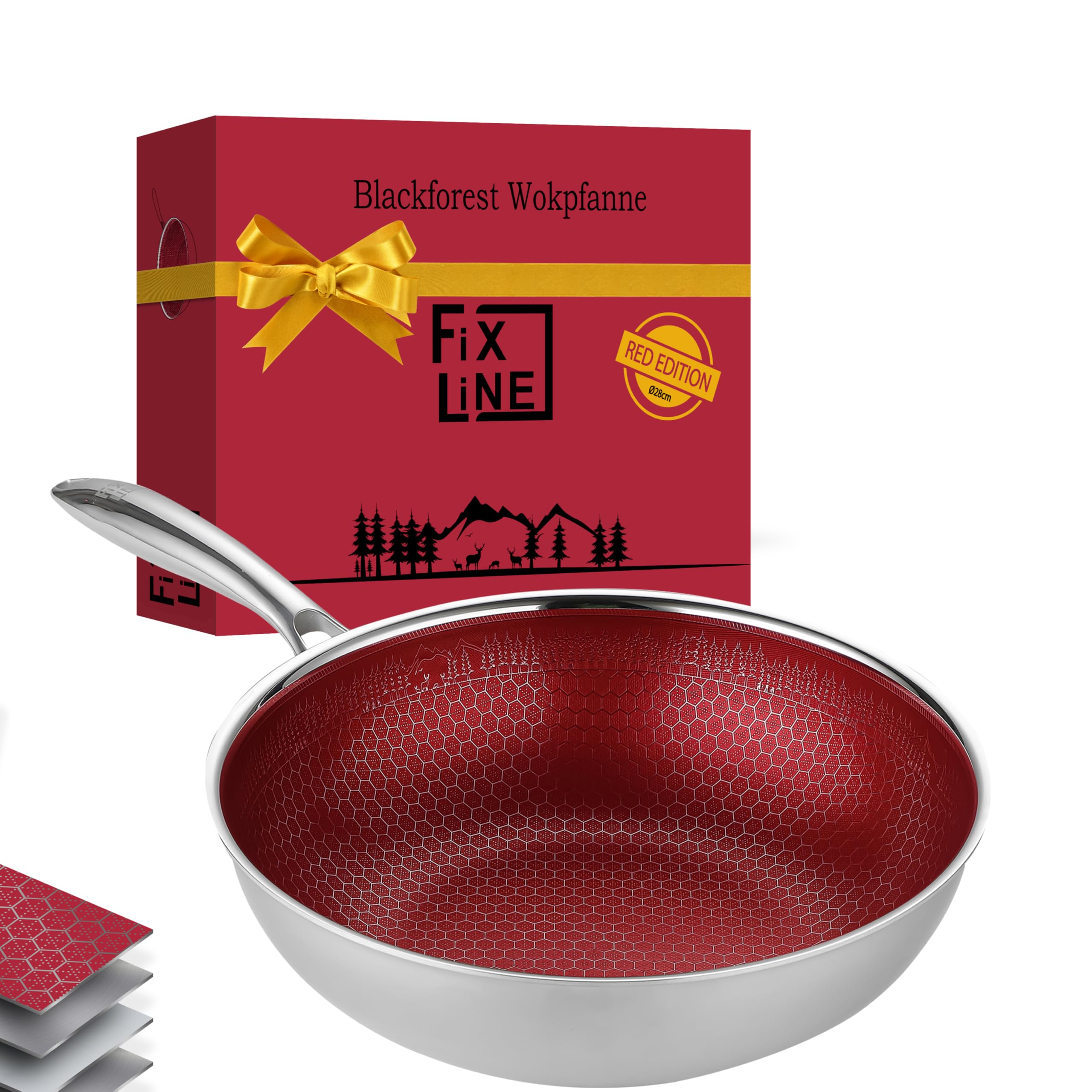 FIXLINE® BLACK FOREST Wokpfanne 28cm - kratzfeste Beschichtung ohne PTFE - alle Herdarten inkl. Induktion - Backofengeeignet bis 230°C - Einfache Reinigung - Perfekte Geschenkidee