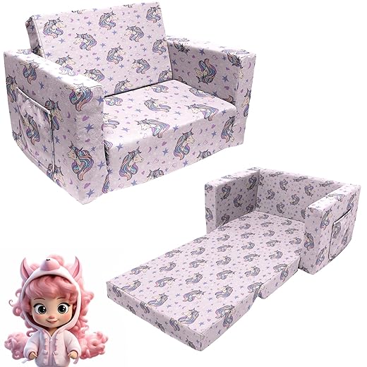 Truwelby Kids Sofa, Children's 2 in 1 Convertible Sofa to Lounger - Extra Soft Flip Open Chairs & Sleeper, Cute Dinosaur Print Toddler Chairs Kids Couch for Kids Girls Boys