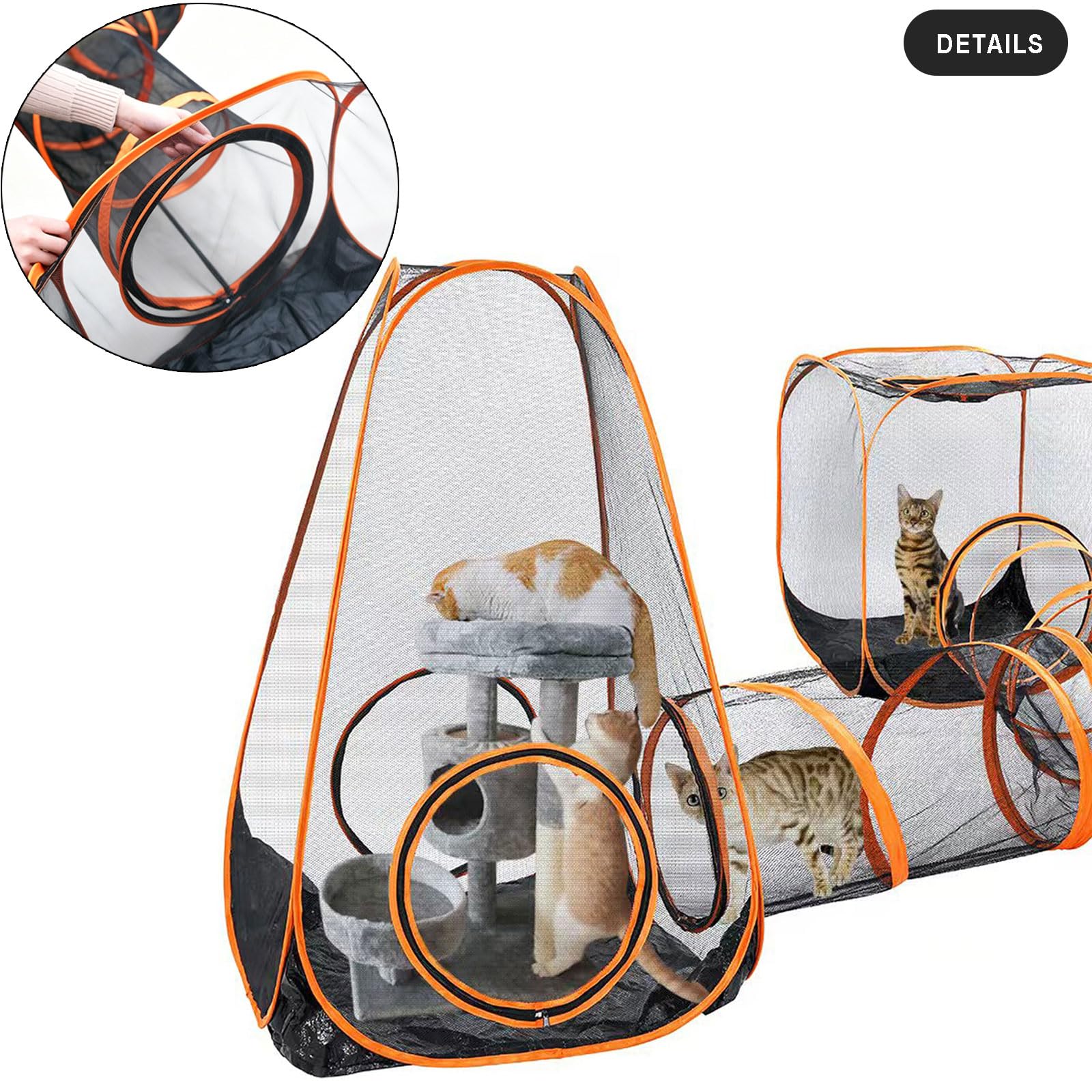 6-in-1 Modularer Katzenspielplatz mit hängendem Klettertunnel, großes Katzenhaus und Gehege für mehrere Katzen, tragbares Katzen-Aktivitätszentrum mit Würfelzelten und Y-Tunnel für Katzen, Kaninchen