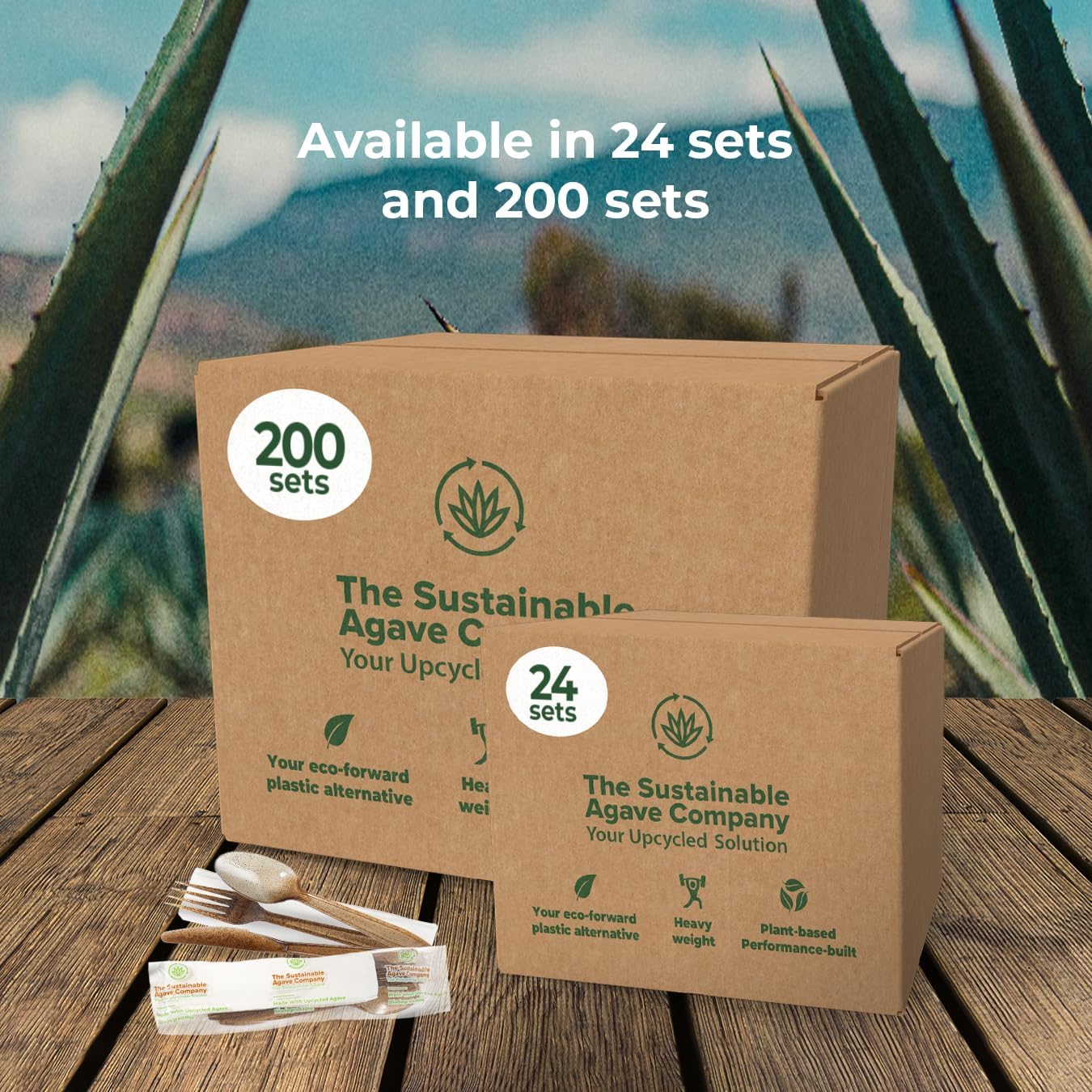 Sustainable Agave Co - Agave Fiber Cutlery Set - 200 Biofilm Wrappped Sets / 600 Pieces - Plant-Based, Made With Upcycled Materials - Bulk Brown Forks, Knives & Spoons Variety Pack