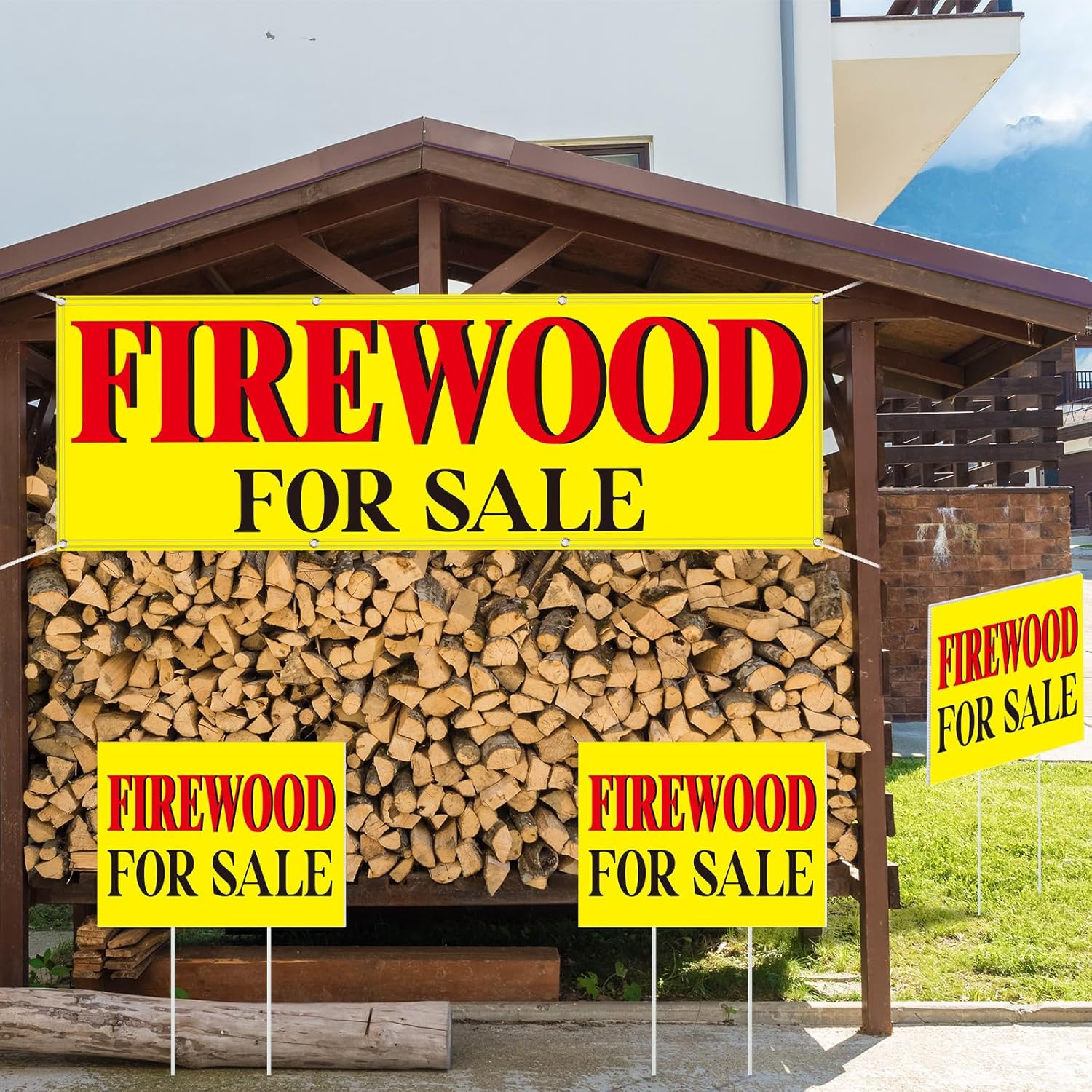 Chumia 1 Pcs Firewood for Sale Banner 3 Pcs Double Sided Firewood for Sale Yard Signs with Stakes Fabric Polyester Banner 2 x 6 ft Signs with Stands 11.81 x 15.75 Inch for Wood Business Outdoor