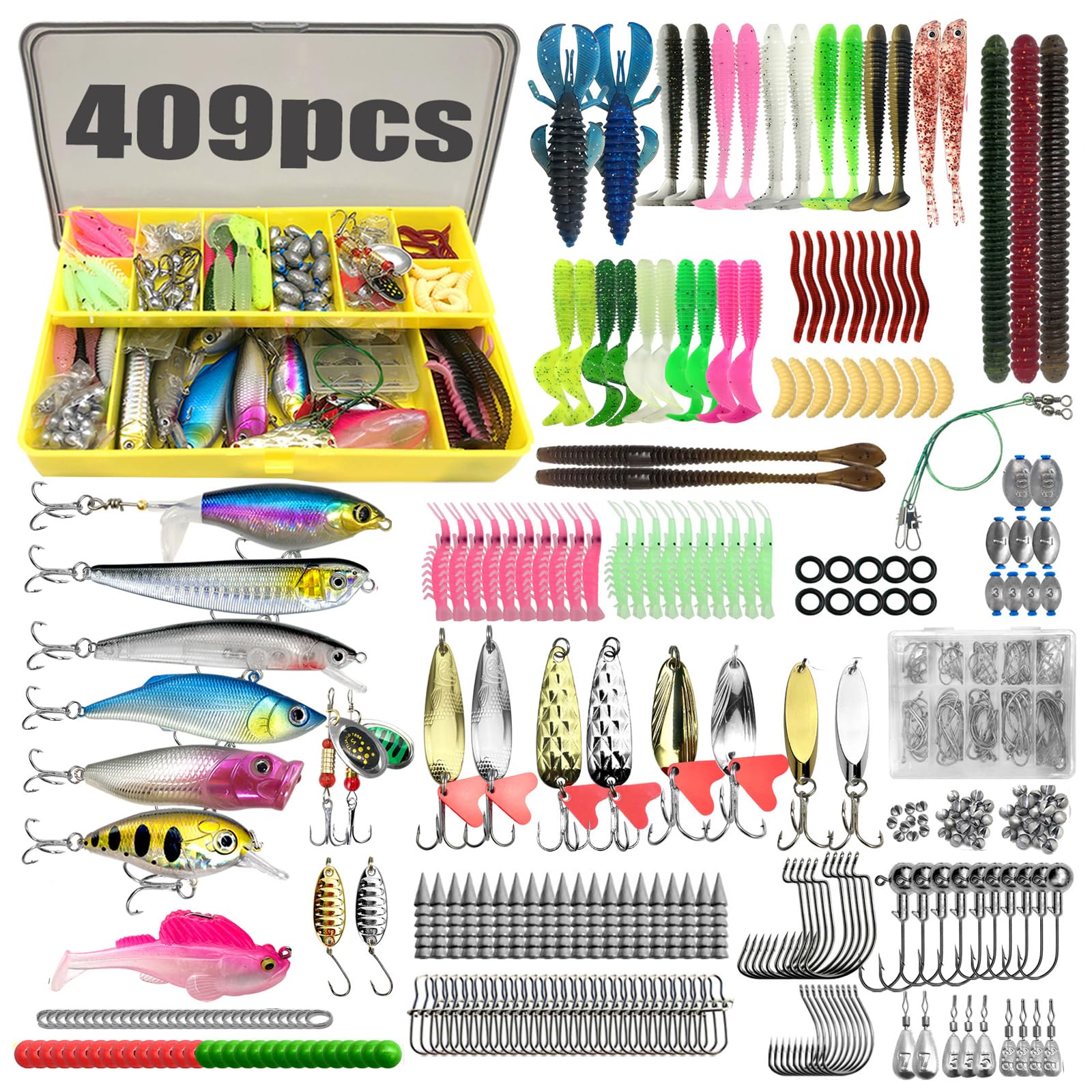 Juego de accesorios de pesca, juego de 367 señuelos de pesca y juego de herramientas con clips de labios, extractor de gancho, caja de cebo con accesorios, equipo de pesca, cebo para lucio