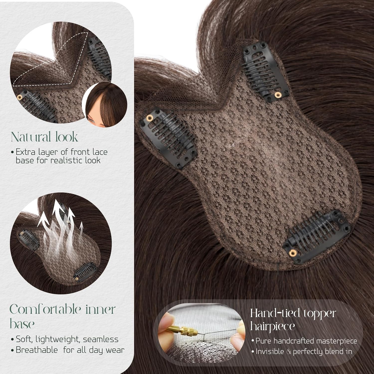 Hairro Human Hair Toppers For Women Lace Base Remy Topper Hair Pieces No Bangs Clip On Topper Handmade Wiglet Hair Extensions For Hair Loss 11 Inches 21g #02 Dark Brown
