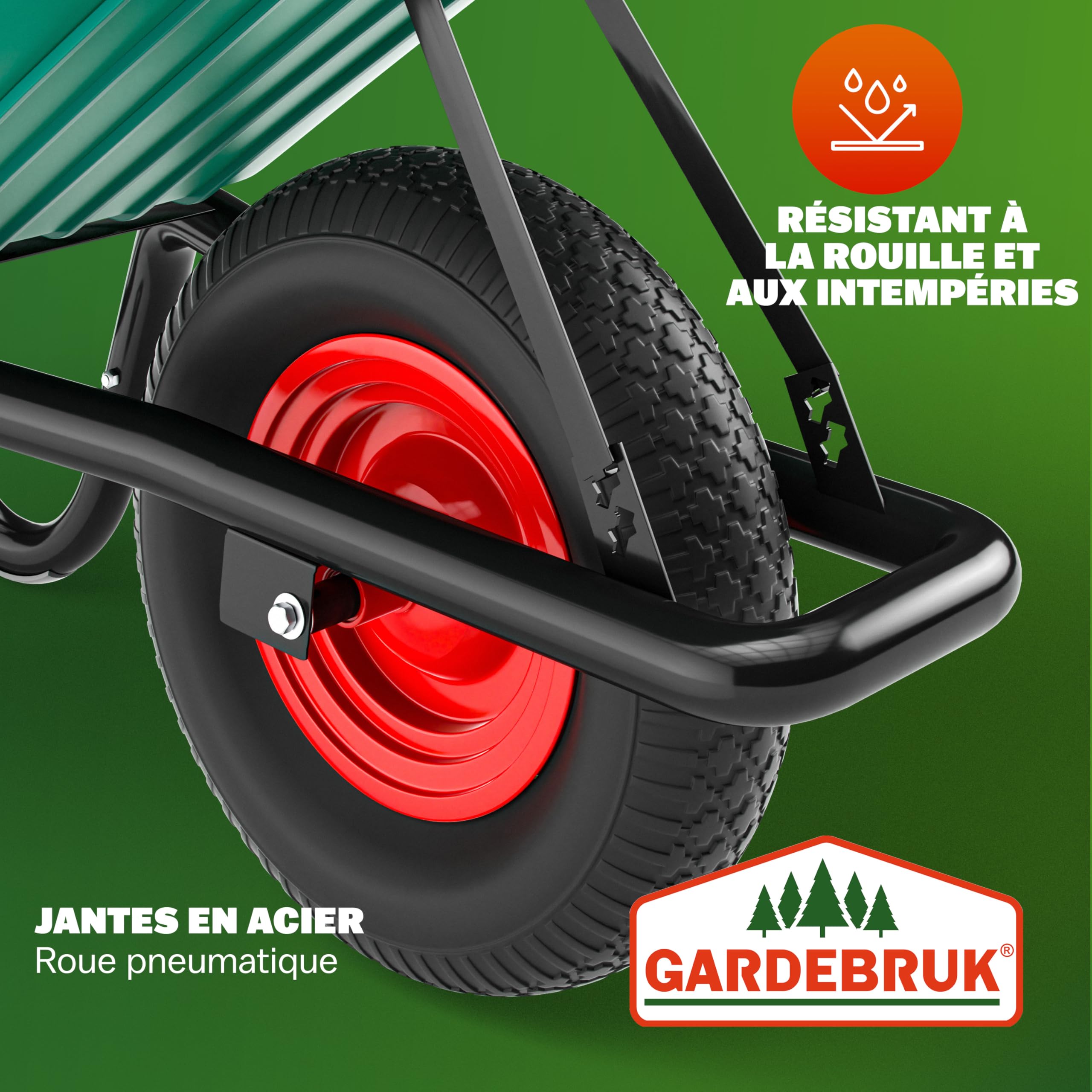 GARDEBRUK® Brouettes Wheelbarrow Brouette Roue Pleine 100 L Charge 250 Kg Cuve en Polypropylène Résistante en Acier Thermolaqué Roue 39 Cm Tout Terrain Jardin Terrasse Chantier