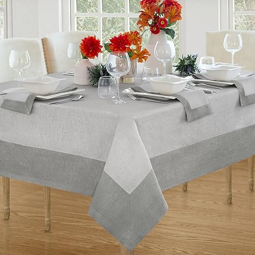 Elrene Home Fashions Villeroy and Boch New Wave - Mantel de tela de lino con borde metálico, redondo, 90 pulgadas, blanco/plateado