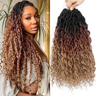 Col Bling Ombre Goddess Locs Crochet Hair 14 Inch 8 Packs Faux Locs Crochet Hair for Women 3 Tone Boho River Locs Hair with Curly Ends Synthetic Hair Style (#1B/30/27)