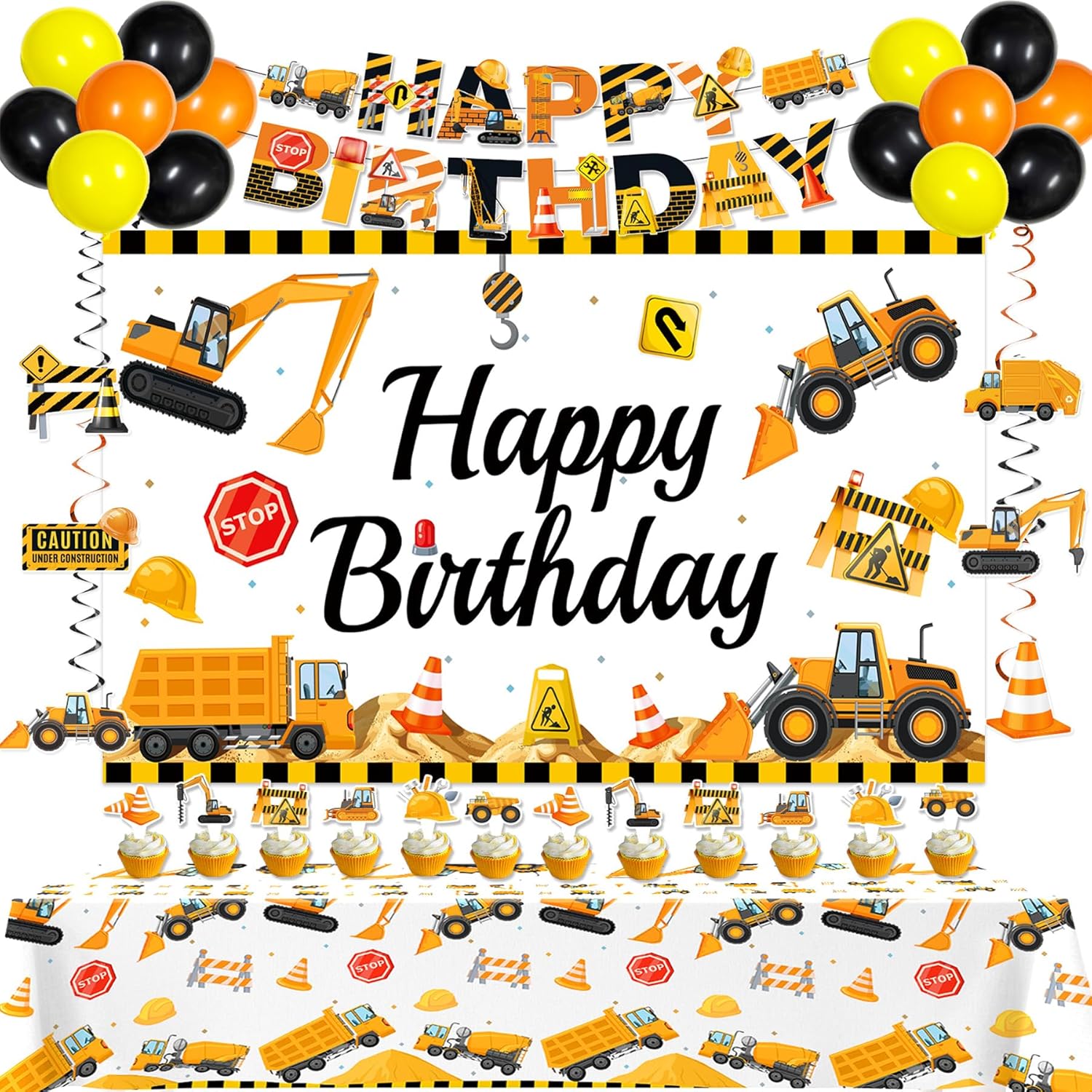 Construction Birthday Party Decorations, Dump Truck Excavator Birthday Party Decorations Construction Themed Balloons, Banner, Backdrop, Tablecloth, Cake Toppers for Boys Kids Party Supplies