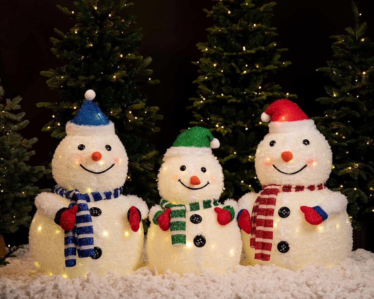 Jingle Joy 3-Piece 32-Inch LED Lighted Outdoor Snowman Family Set – Weather-Resistant Christmas Yard Decorations with Ground Stakes – Holiday Lawn & Garden Winter Décor