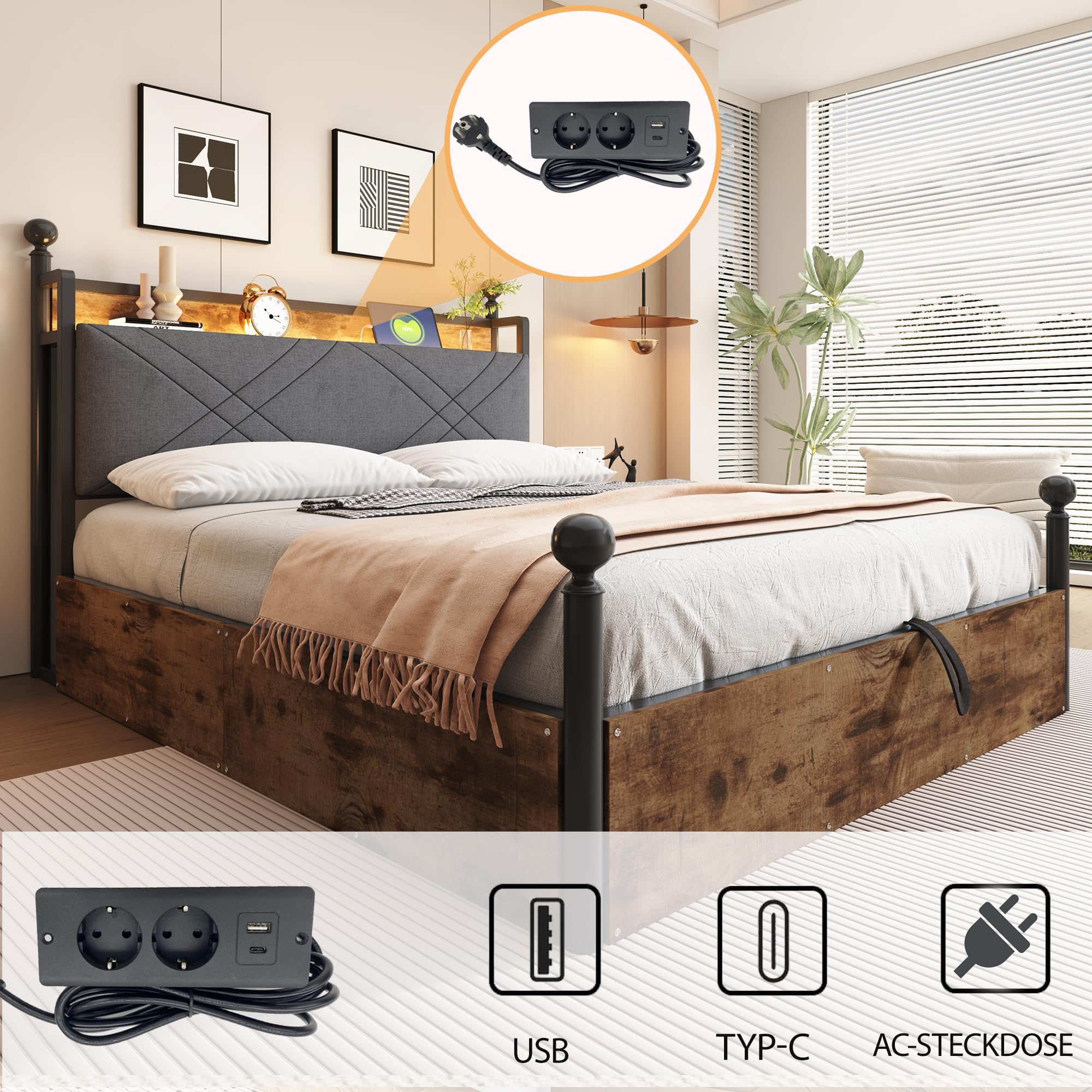 Multifunktionales Bett,mit Stauraum und schmiedeeisernem Baldachin,mit abnehmbaren Bettpfosten mit LED und USB-/Typ-C-Ladeanschlüssen,Eiseneinzelbett. (schwarz mit Hydraulisch Bettstauraum, 140*190cm)