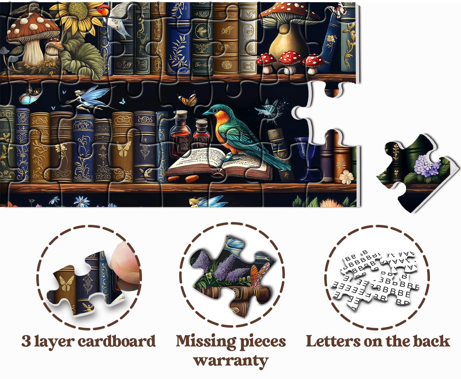 Magic Bookshelf 1000 Piece Jigsaw Puzzle – Retro Book, Flower & Mushroom Library Scene For Adults