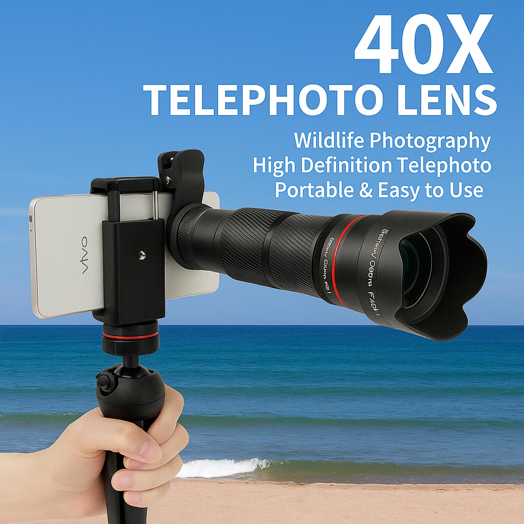 Kit de teleobjetivo con zoom 40X para smartphones, lente de cámara HD con trípode, compatible con iPhone Samsung