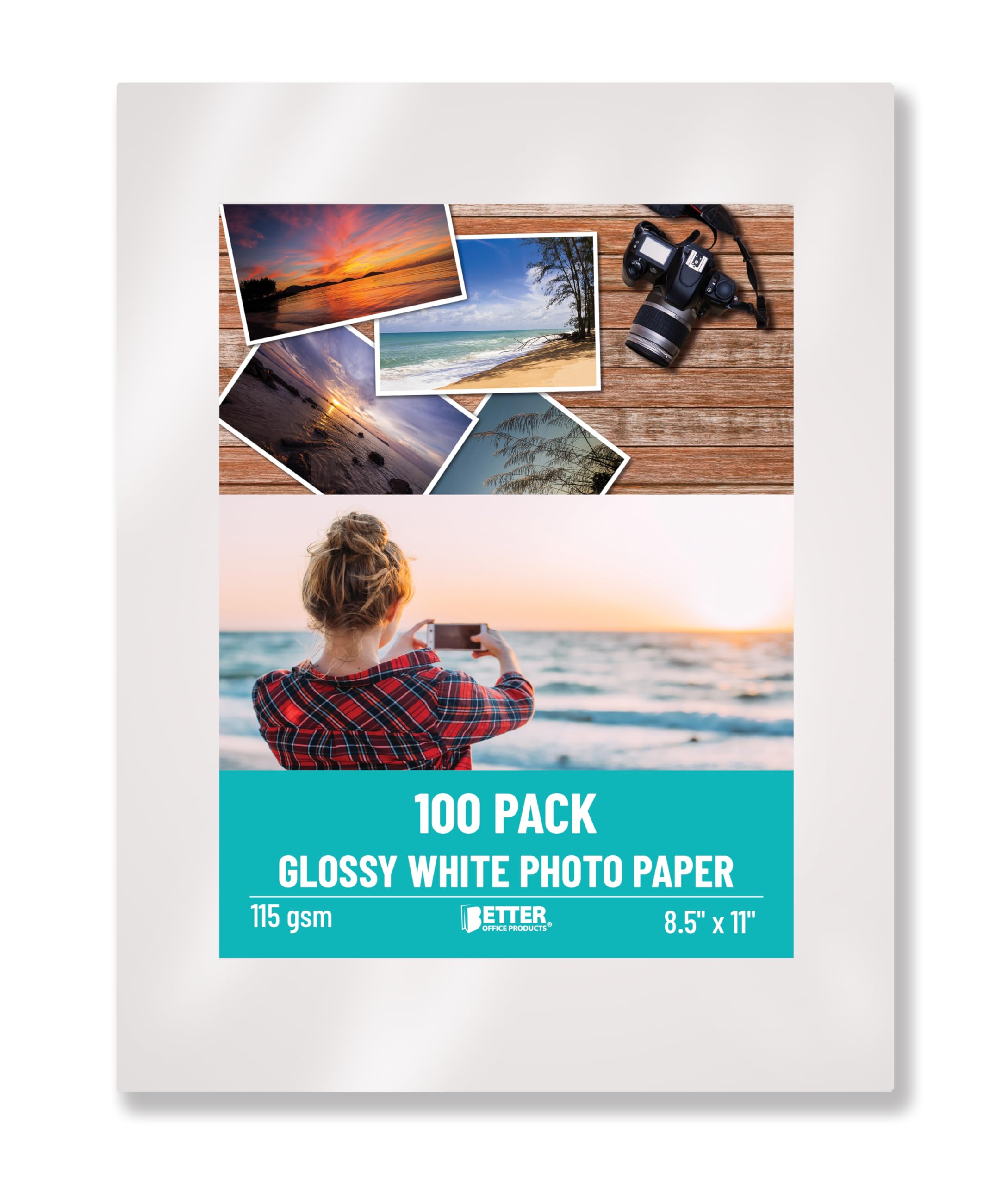 Better Office Products Thin Glossy Photo Paper, 100 Sheets, 8.5 x 11", 30 lb, 115gsm, Inkjet Photo Paper, for Brochure Printing, Custom Chip Bag Party