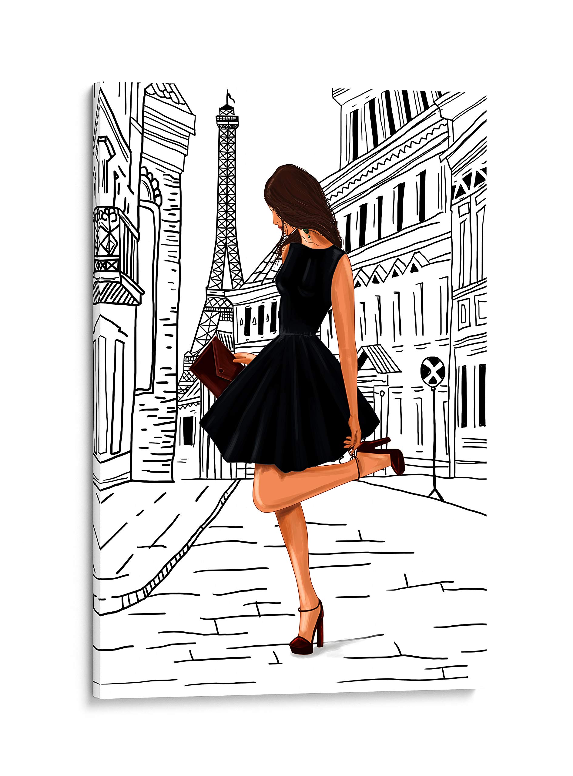 INTALENCE ART Glamour Fashion Woman Canvas Wall Art Feminine Home Decor, 8x12in Girl in France Paris Picture Canvas Print, Decoration for Bedroom Living Room Office. Gallery Wrap Artwork Easy to Hang