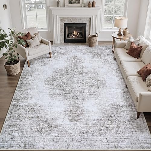 Area Rugs 9x12 Living Room Rug Washable: Vintage Boho Medallion Rug No Slip Stain Resistant Soft Carpet Indoor Distressed Large Carpets for Bedroom Nursery Dining Room Home Office Gray Brown