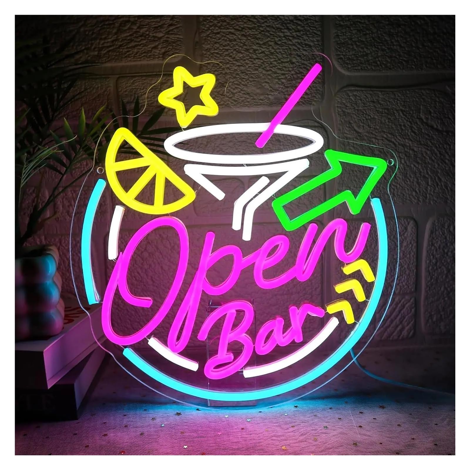 RONGCH Hanging Art Signs Open Bar Neon Sign Cocktail Bar LED Light Dimmable for Business Home Pub Man Cave Beer Party Club Shop Decor 35cmx38cm