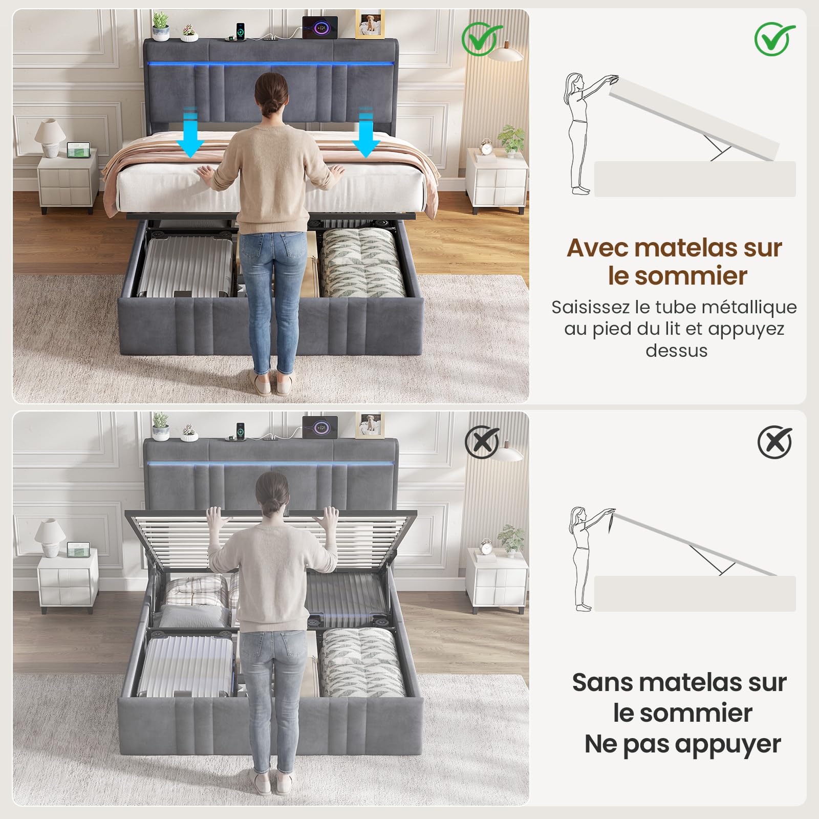 AOGLLATI Camas Matrimoniales 140x190 cm con Almacenamiento Hidráulico, Cama Canape con Luces LED, Somier Estructura de Cama con Estación de Carga, Cama Juvenil Terciopelo Gris Oscuro