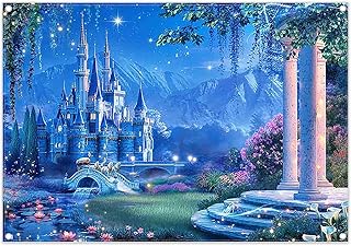 7x5ft Fairytale Castle Backdrop Blue Princess Shining Night Sky Carriage Fantasy Lotus Photography Background Girls Birthday Party Decorations Photo Booth Props