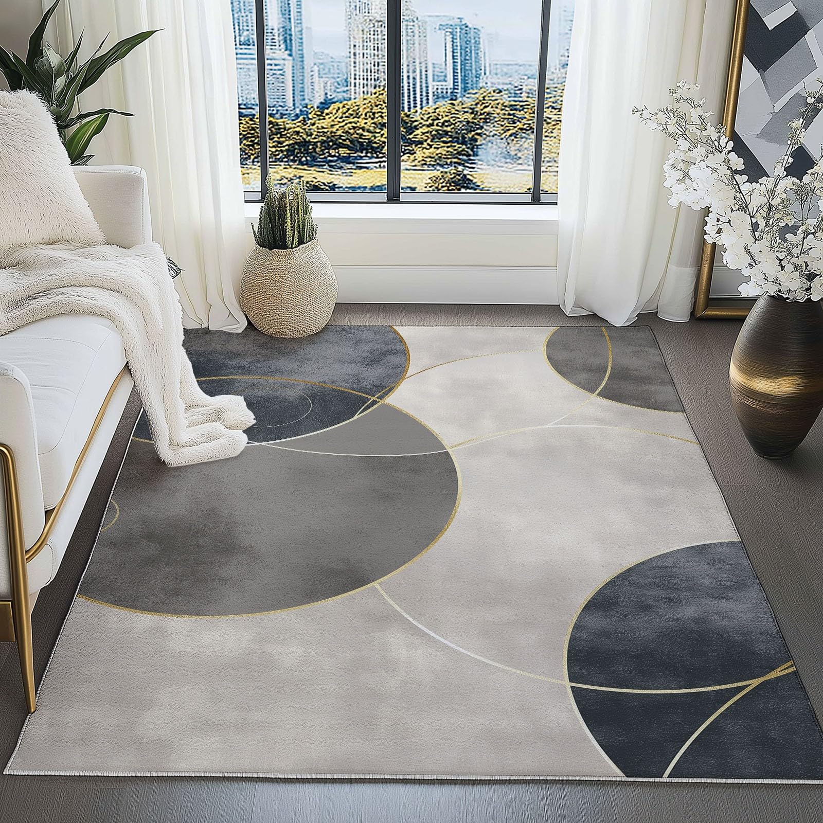 Tapis de Salon Gris Clair Motif Cercles 140 x 200 cm Poil Court