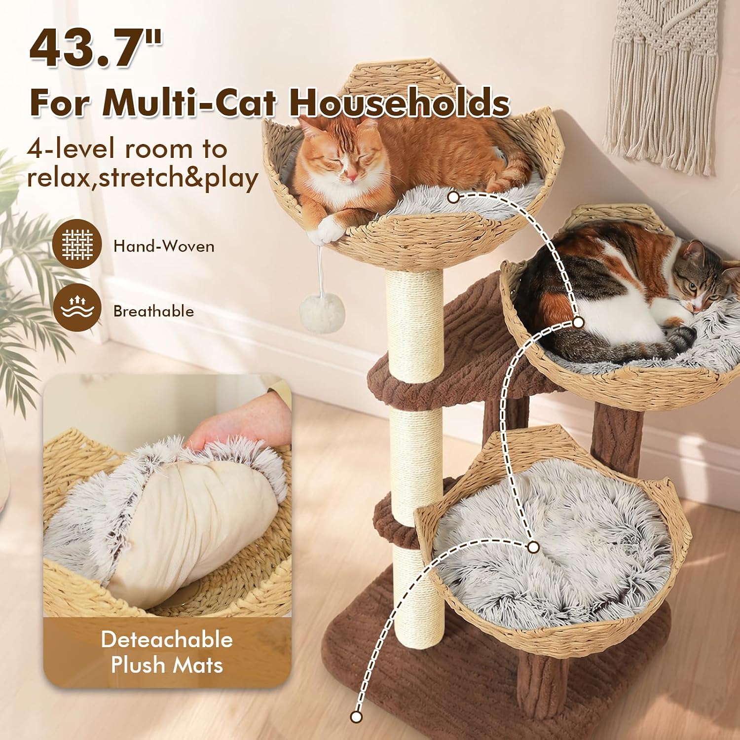 PAWZ Road Modern Cat Tree with Baskets, 44" Cat Tower for Indoor Cats,Brown | 3 rattan baskets (φ15.7") with thick cushions, sturdy base cat tree for large indoor cats, multi-level climbing resting space