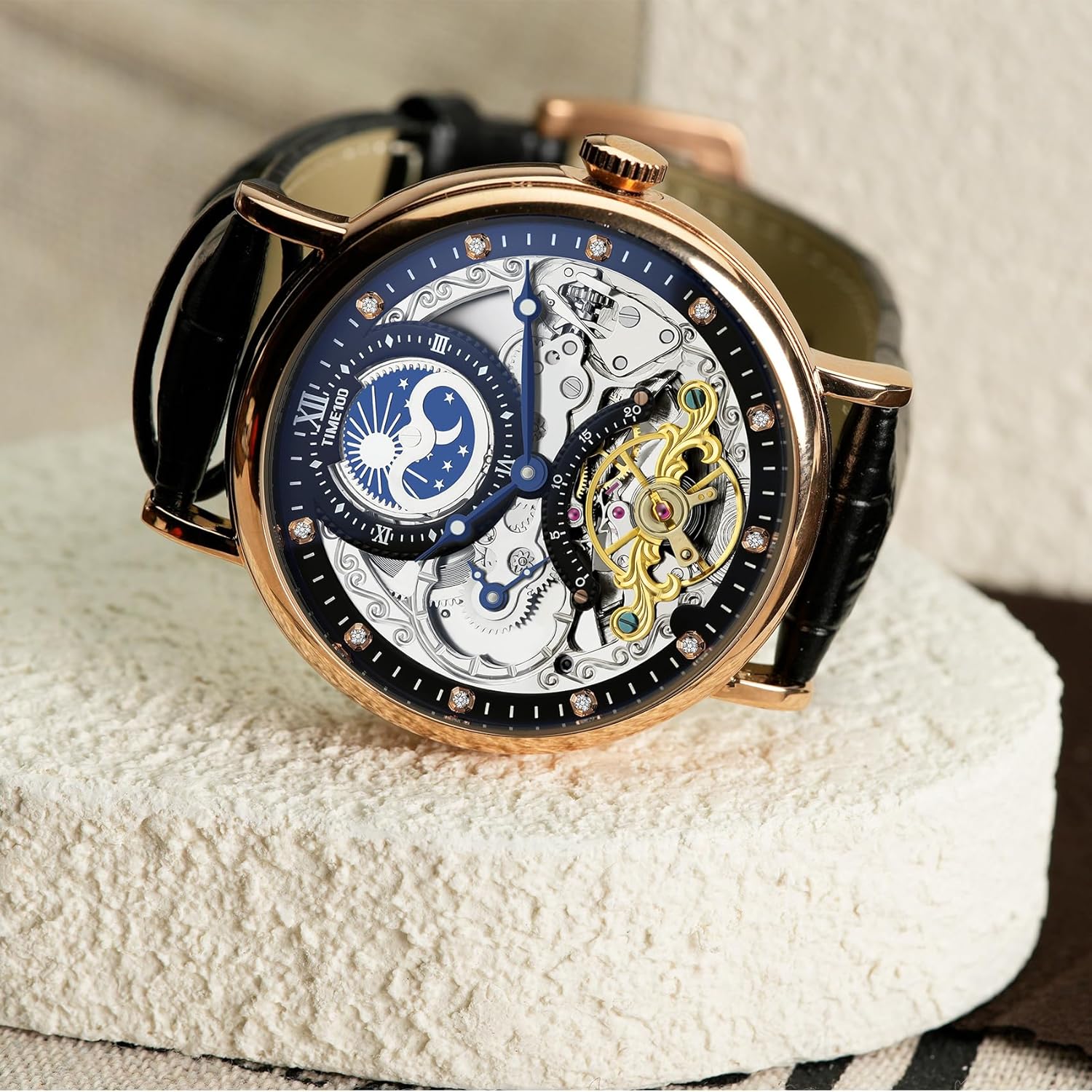 TIME100 Men's Automatic Watch Self Winding Mechanical Watch Genuine Leather Strap Skeleton Watches for Men - Image 6