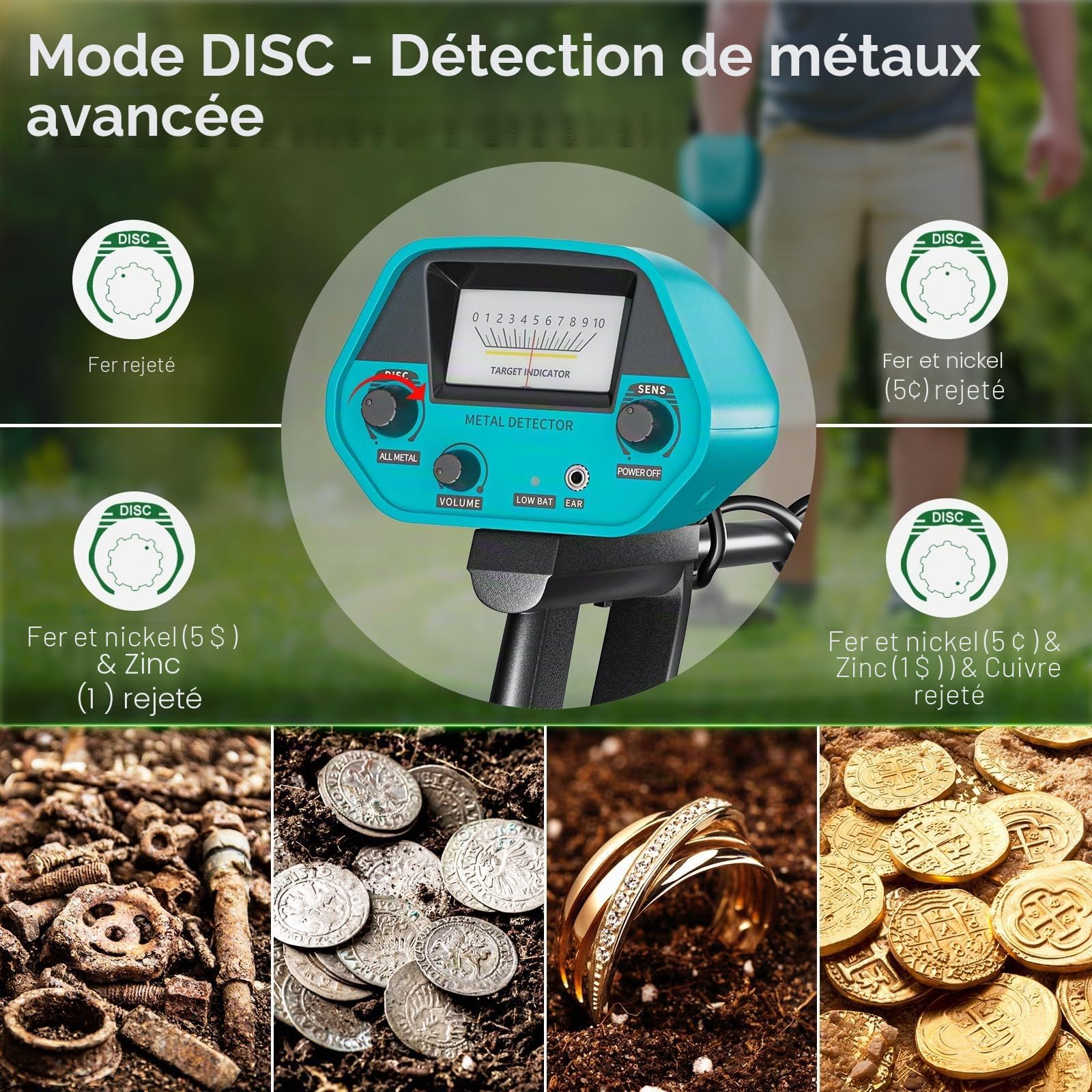 Détecteur de métaux, kit Professionnel Rechargeable pour Adultes et Enfants, Haute précision, étanche, réglable en Hauteur, détecteur d'or 78-108 cm avec Bobine de Recherche de 25 cm (Jaune)
