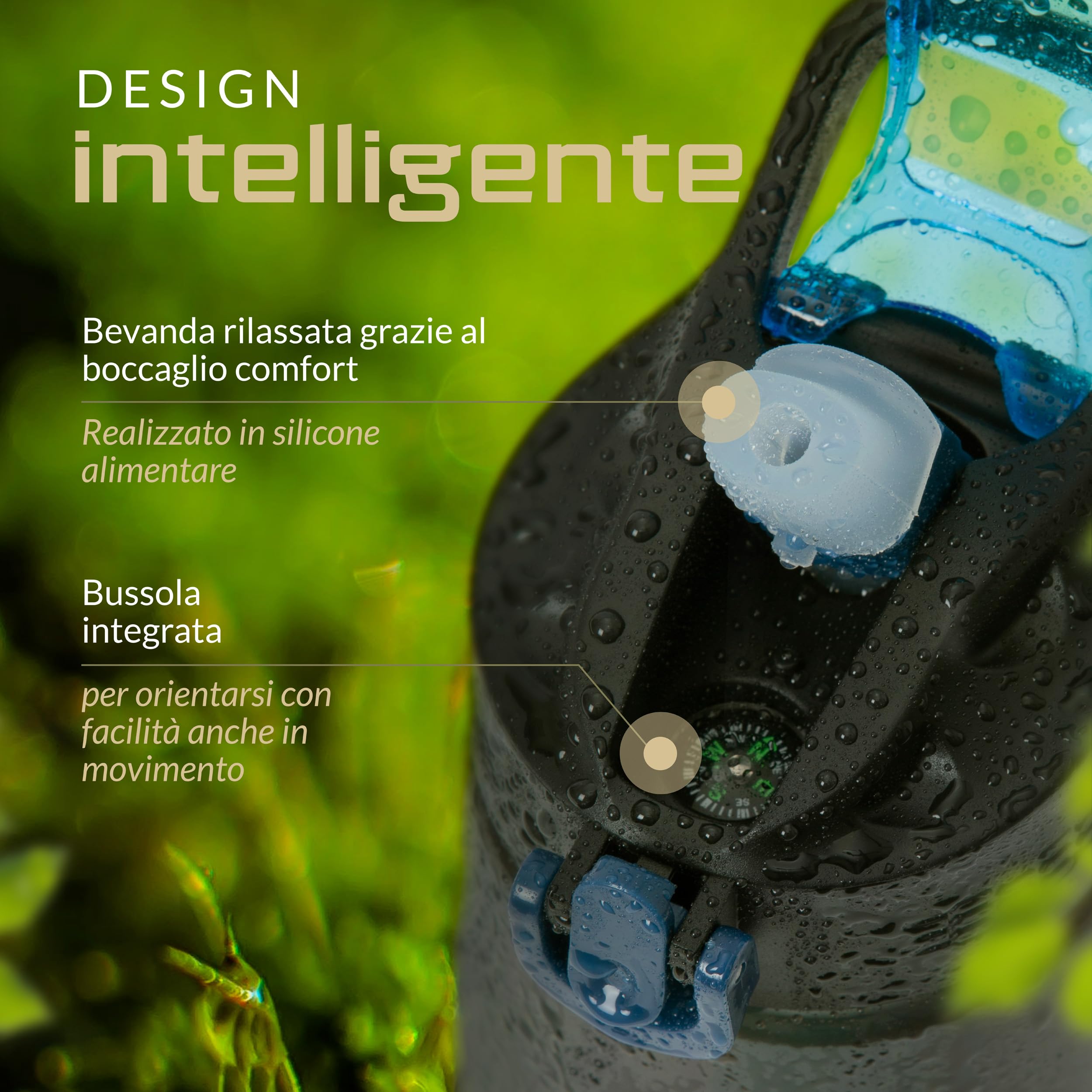 BERGKVIST® Borraccia filtrante acqua da esterno OBSIDIAN con bussola | Bottiglia con filtro per acqua potabile pulita, trattamento dell'acqua per attrezzature da campeggio e sopravvivenza, 650ml