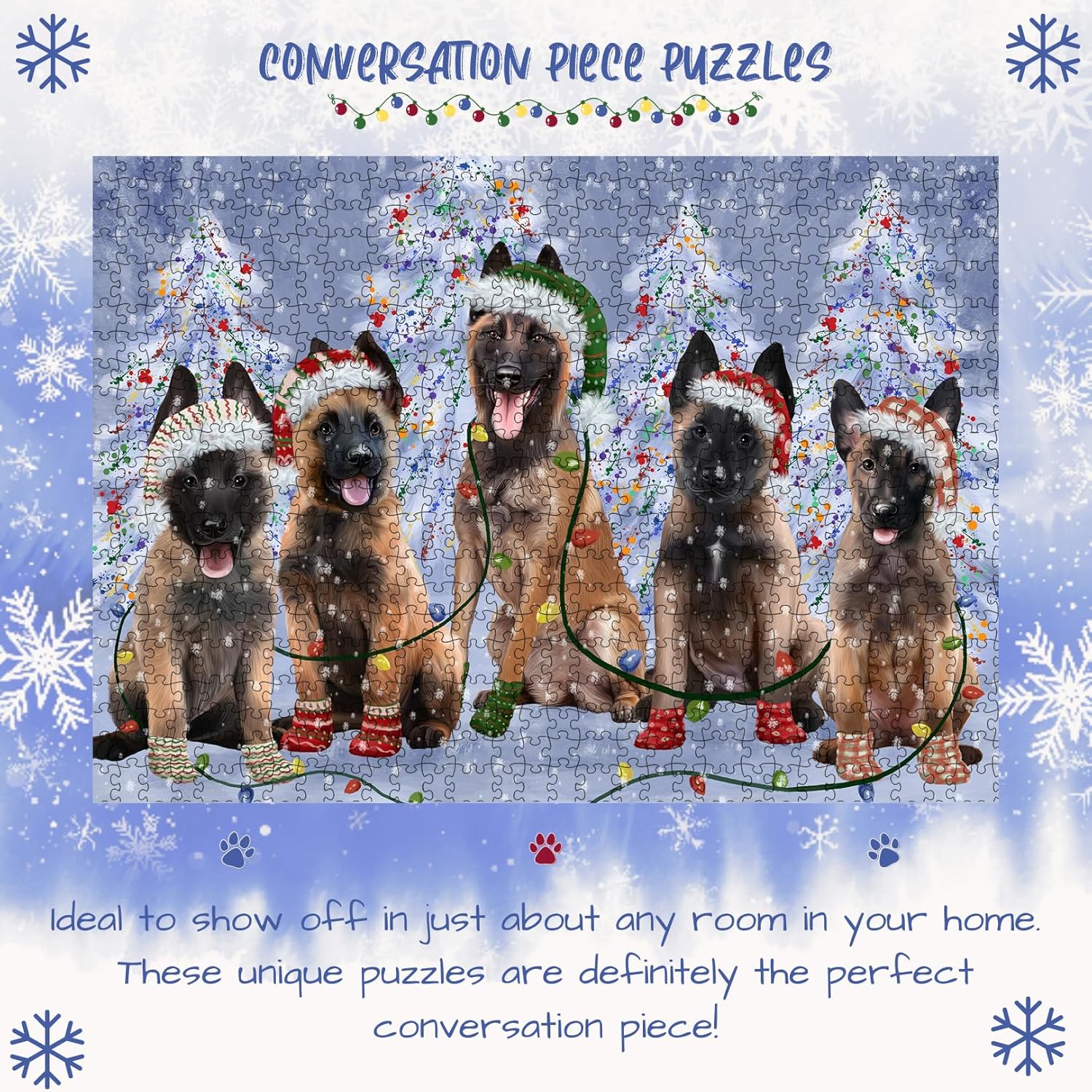 Christmas Lights and Belgian Malinois Dogs Jigsaw Puzzle for Adults - Animal Printed Interlocking Puzzle Game Artwork - Gift for Dog Lover's- 500 Pcs 14"x20"