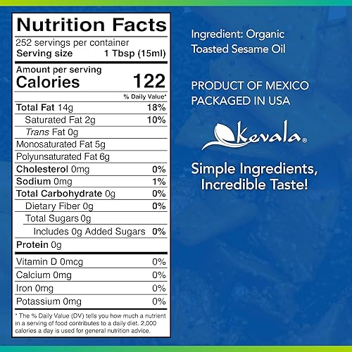 Miniatura 2 de Kevala Aceite de sésamo tostado orgánico – Aceite con punto de humo medio adecuado para asar y freír, esencial para despensa de cocina, ideal para