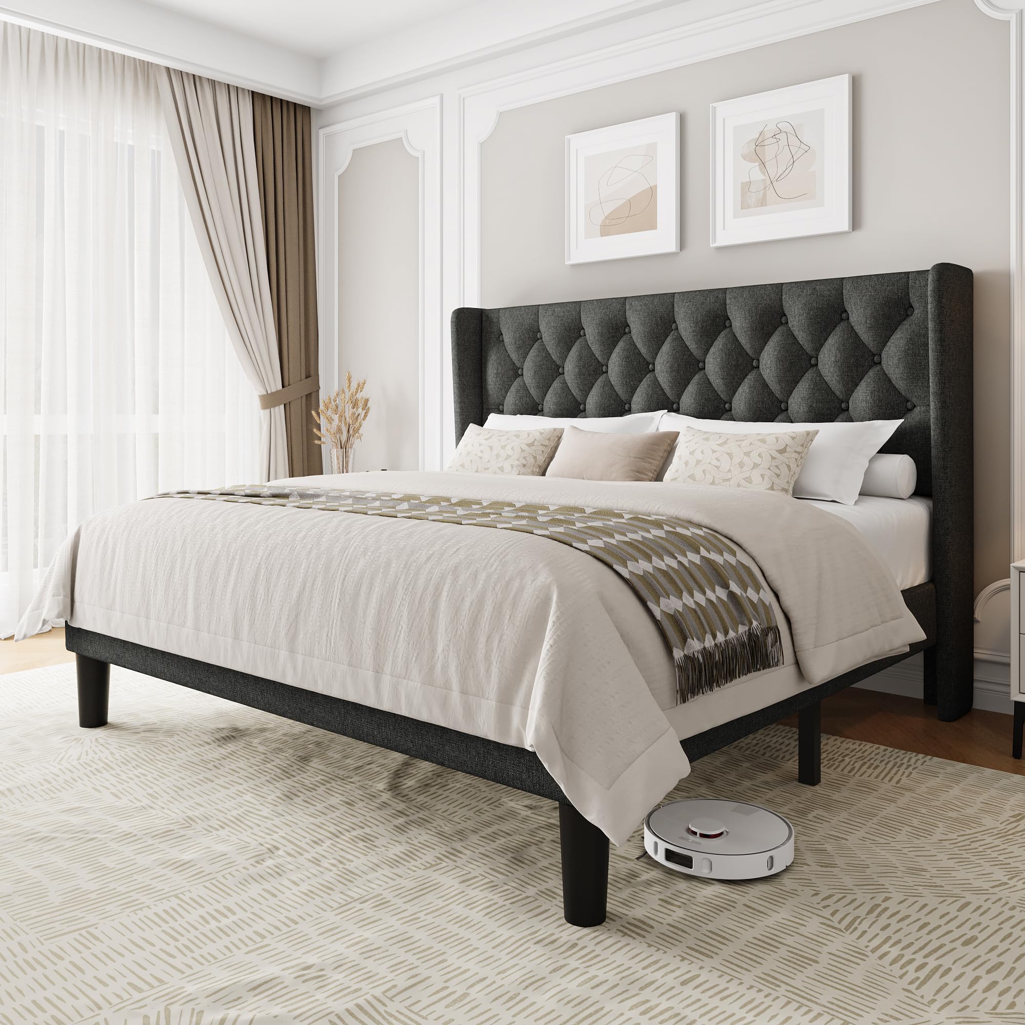 King Size Platform Bed Frame with Upholstered Wingback Headboard 12 Under Bed Space Wooden Metal Slats Support No