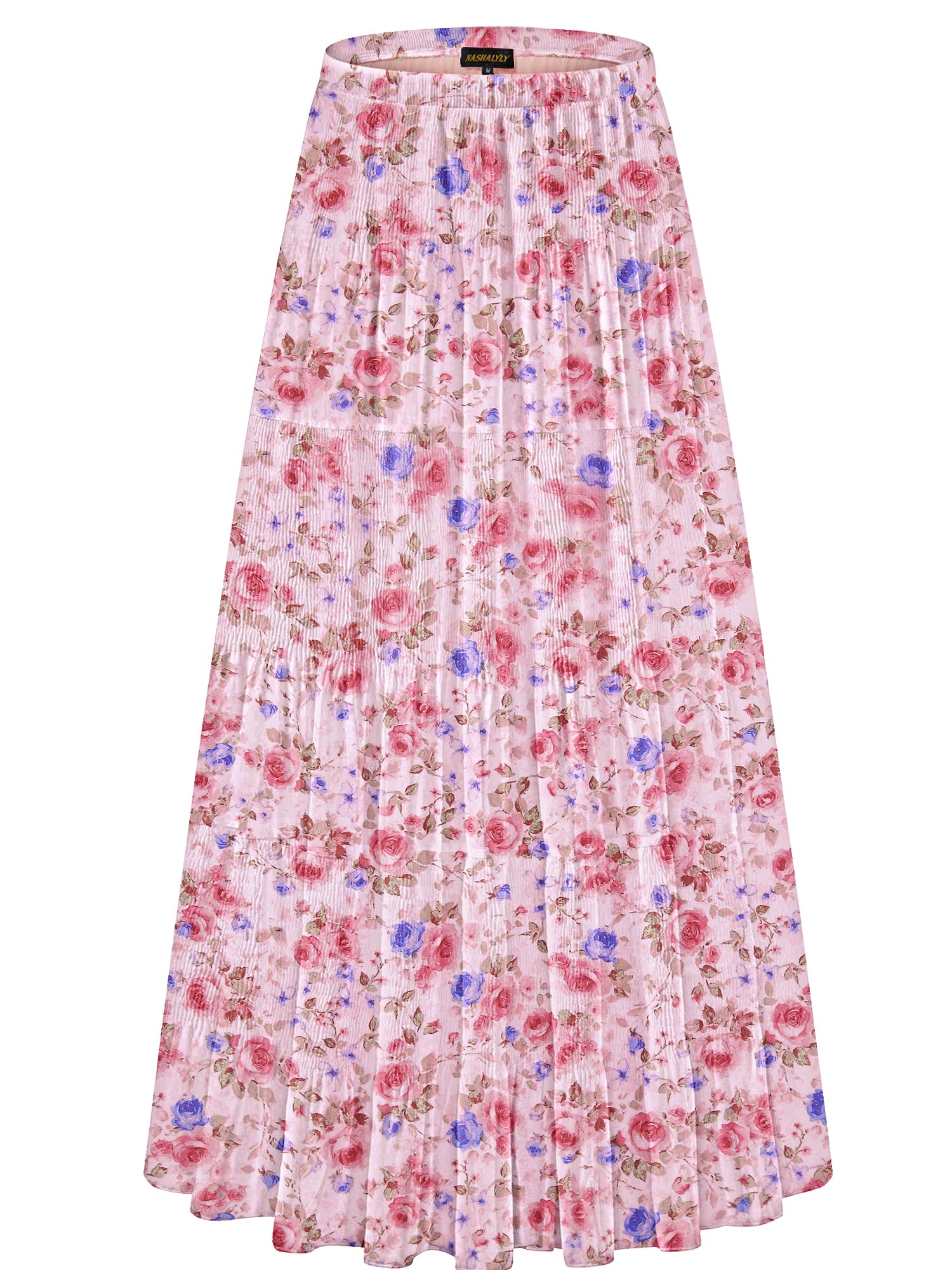 NASHALYLY Women's Chiffon Elastic High Waist Pleated A-Line Maxi Skirts