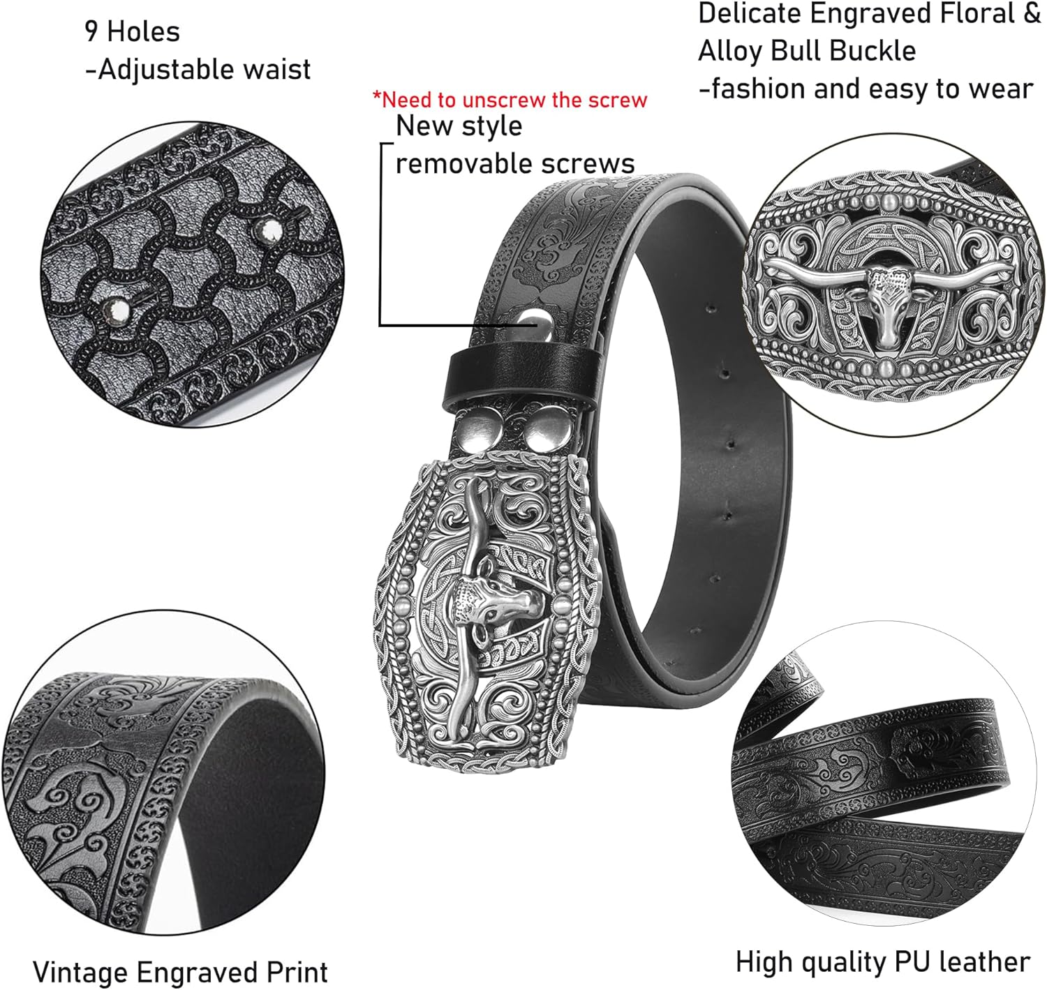 Western Cowboy-Belts for Women Big-Buckle Longhorn-Bull PU-Leather Rodeo Cowgirl-Belt Engraved Floral - Waist 25-38" - Image 3
