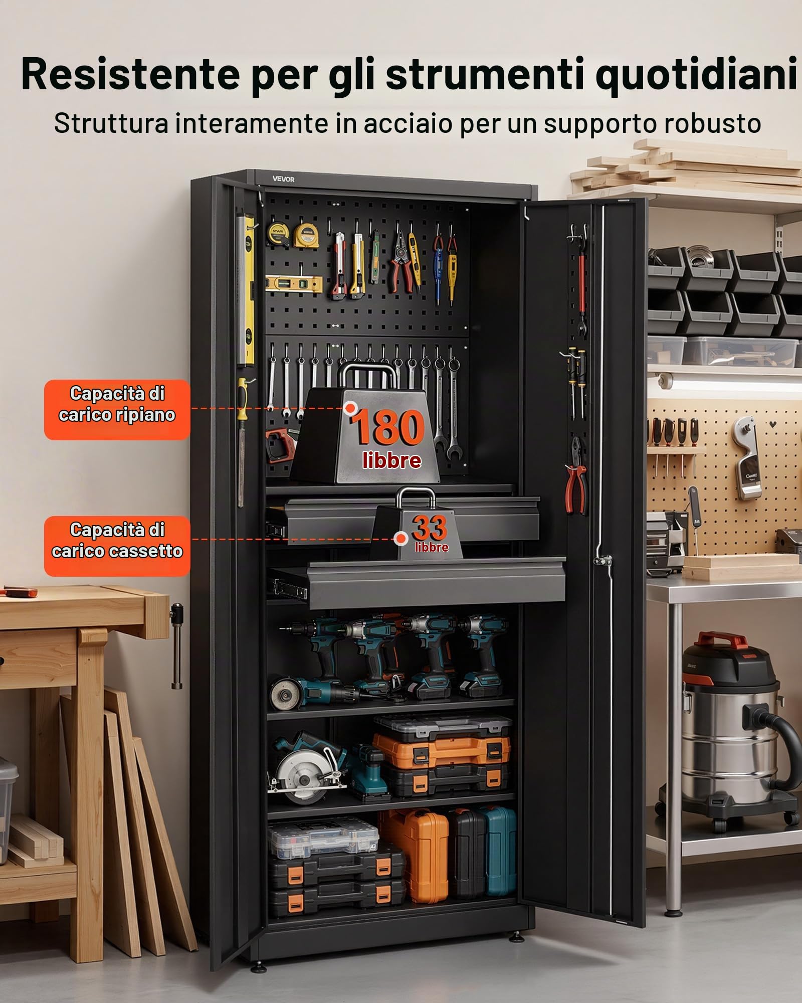 VEVOR Armadio Portaoggetti in Metallo, Armadio Porta Attrezzi, Portata per Ripiano Fino a 81,5 kg, Altezza 180 cm, 2 Ante con Serratura e Ripiani Regolabili, 2 Cassetti e Pannello Forato, per Garage