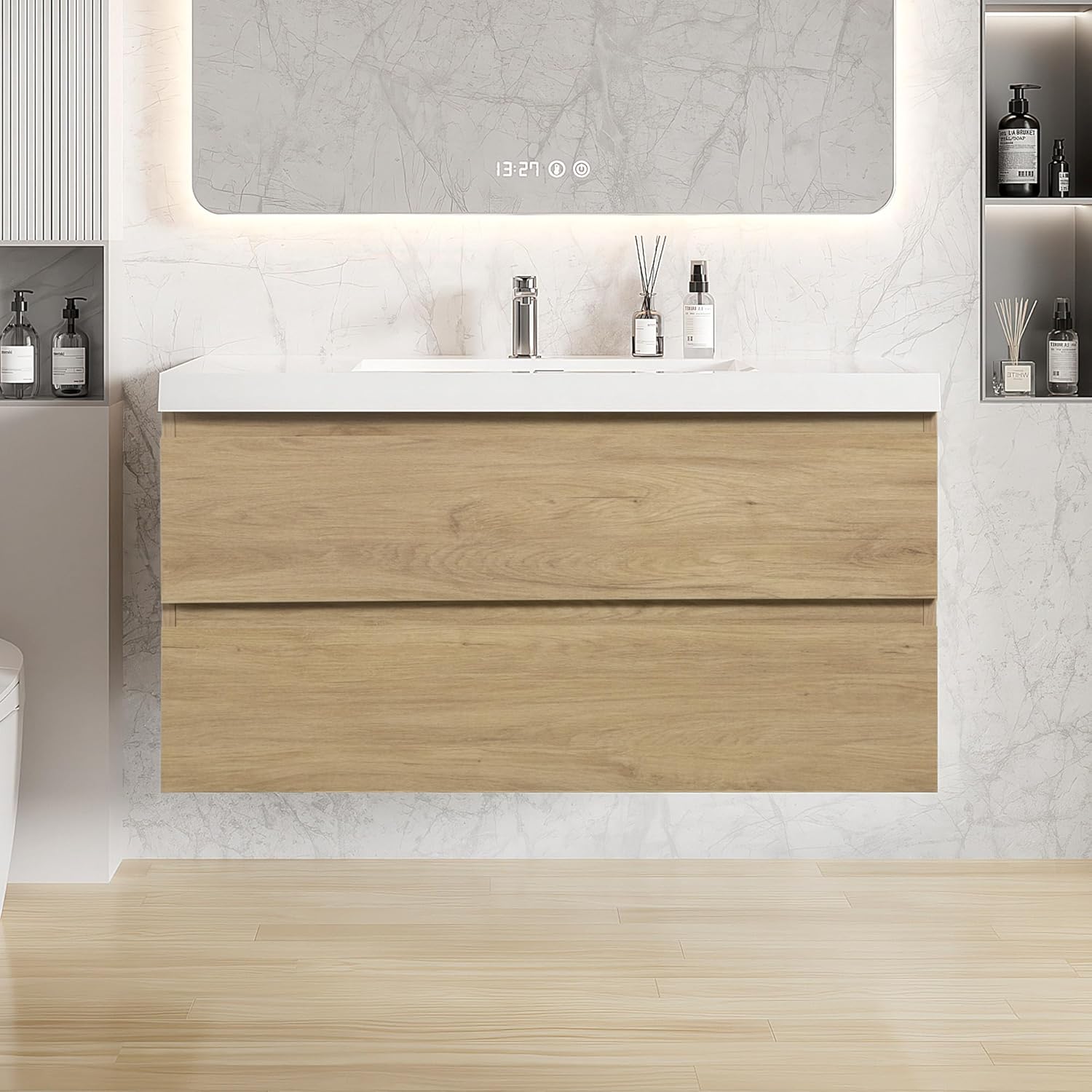 42 Inch Floating Bathroom Vanity with Sink, Large Storage Wall Mounted Floating Vanity with Soft Close Drawers, One-Piece Basin Bathroom Sink Cabinet (Natural Oak, 42")